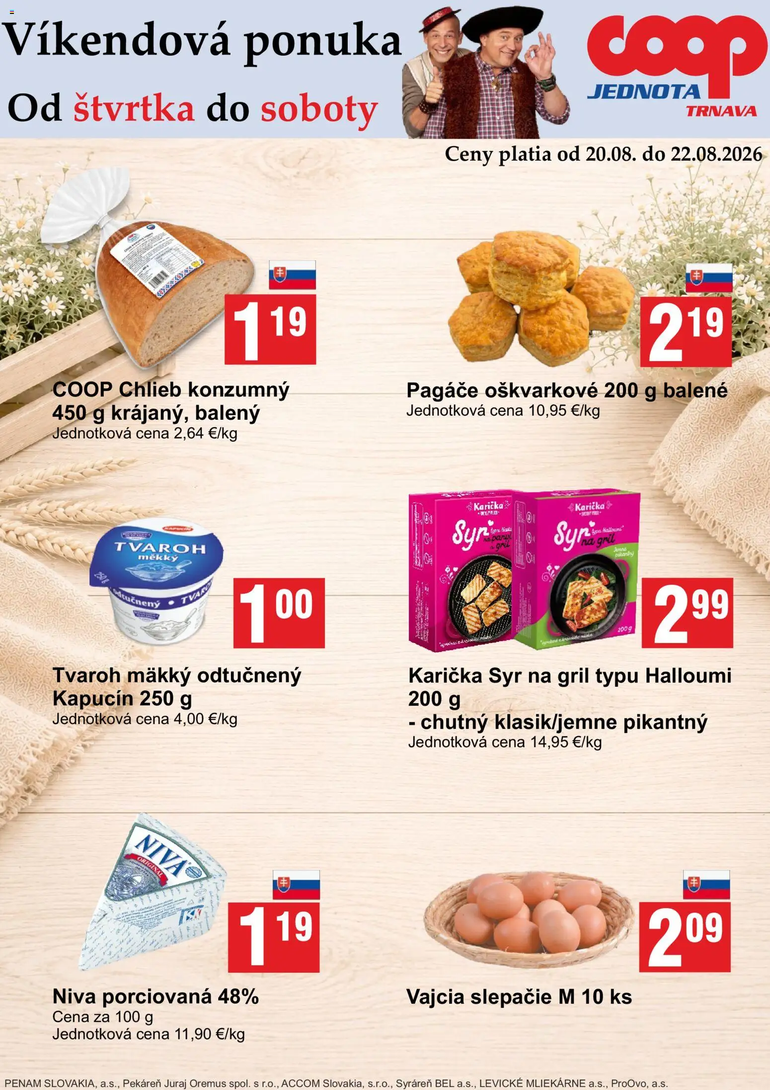Nové COOP Jednota akcie – leták je platný od 20.08.2026 | Strana: 1 | Produkty: Gril, Niva, Tvaroh
