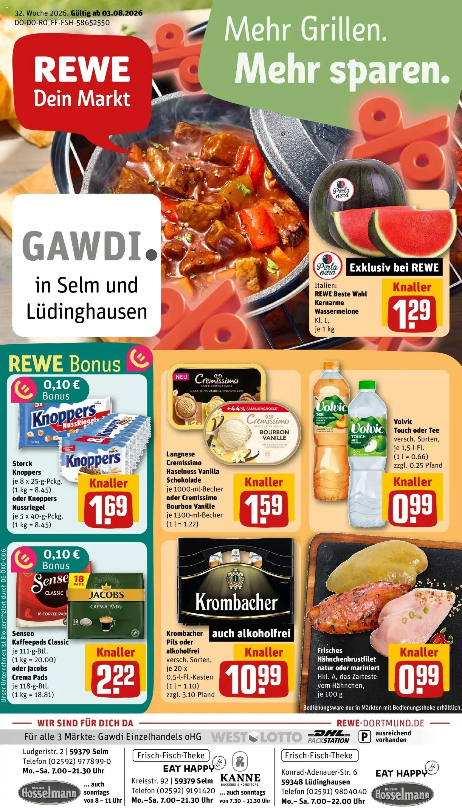 REWE Prospekt ab 03.08.2026 zum Blättern » Angebote | Seite: 1 | Produkte: Schokolade, Knoppers, Krombacher, Bourbon