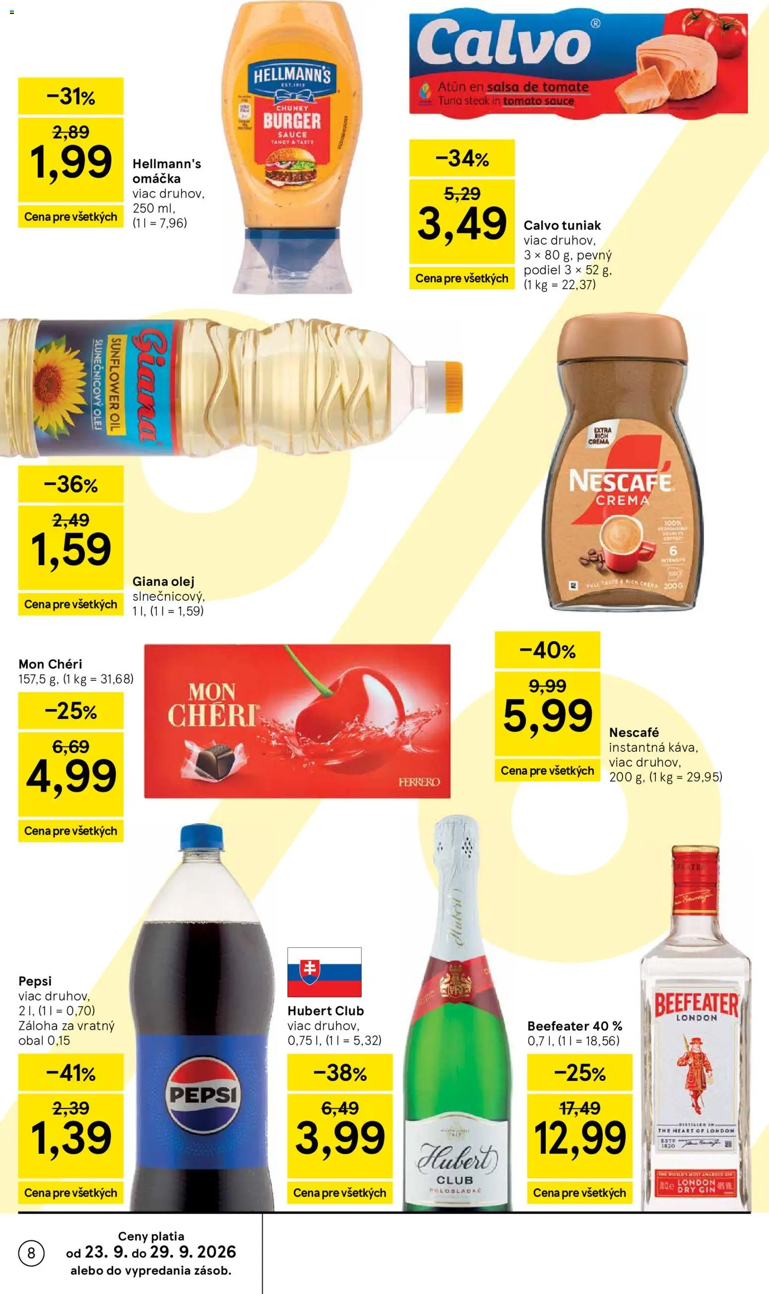 Nové Tesco akcie – leták je platný od 23.09.2026 | Strana: 8 | Produkty: Gin, Pepsi, Omáčka, Nescafé Crema
