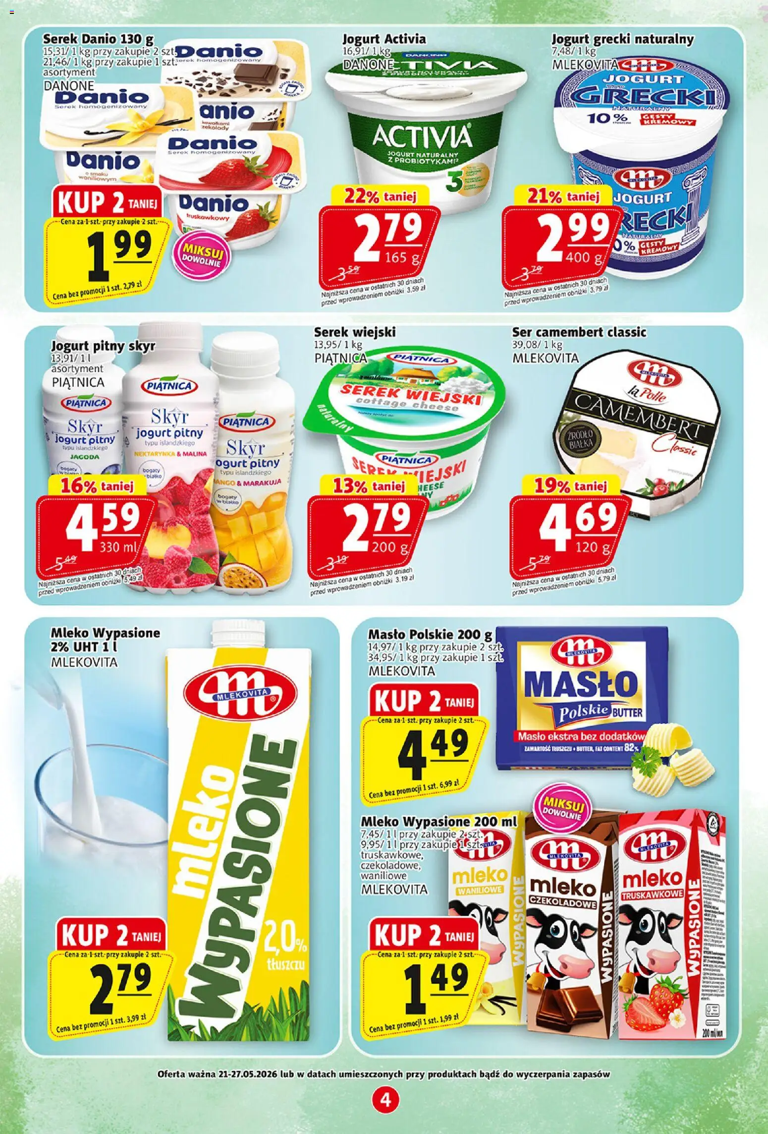 Prim Market gazetka od 21.05.2026 | Strona: 4 | Produkty: Jogurt grecki, Serek wiejski, Mleko, Masło