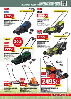 Bauhaus erbjudanden - Förhandsvisning av reklamblad från butik Bauhaus aktuell från 01.05.2026 | Sida: 13 | Produkter: Gräsklippare, Batteri, Laddare