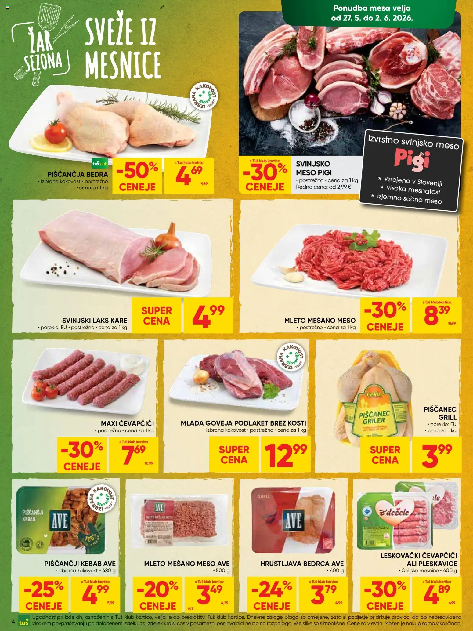 Novi Tuš katalog ponudbe – veljaven od 27.05.2026 | Stran: 4 | Izdelki: Čevapčiči, Piščančja bedra, Pleskavice, Grill