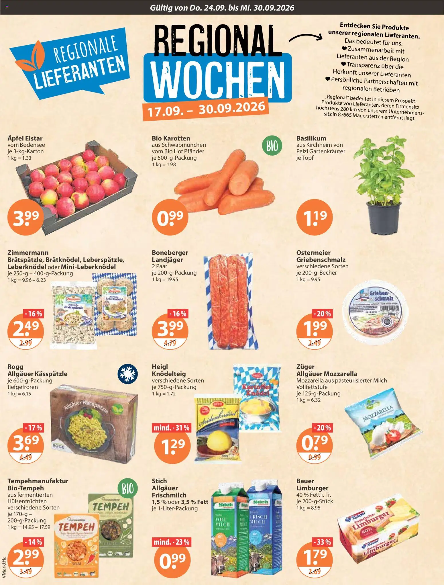 V-Markt Angebote – gültig ab 24.09.2026 | Seite: 12 | Produkte: Leberknödel, Milch, Mozzarella, Äpfel