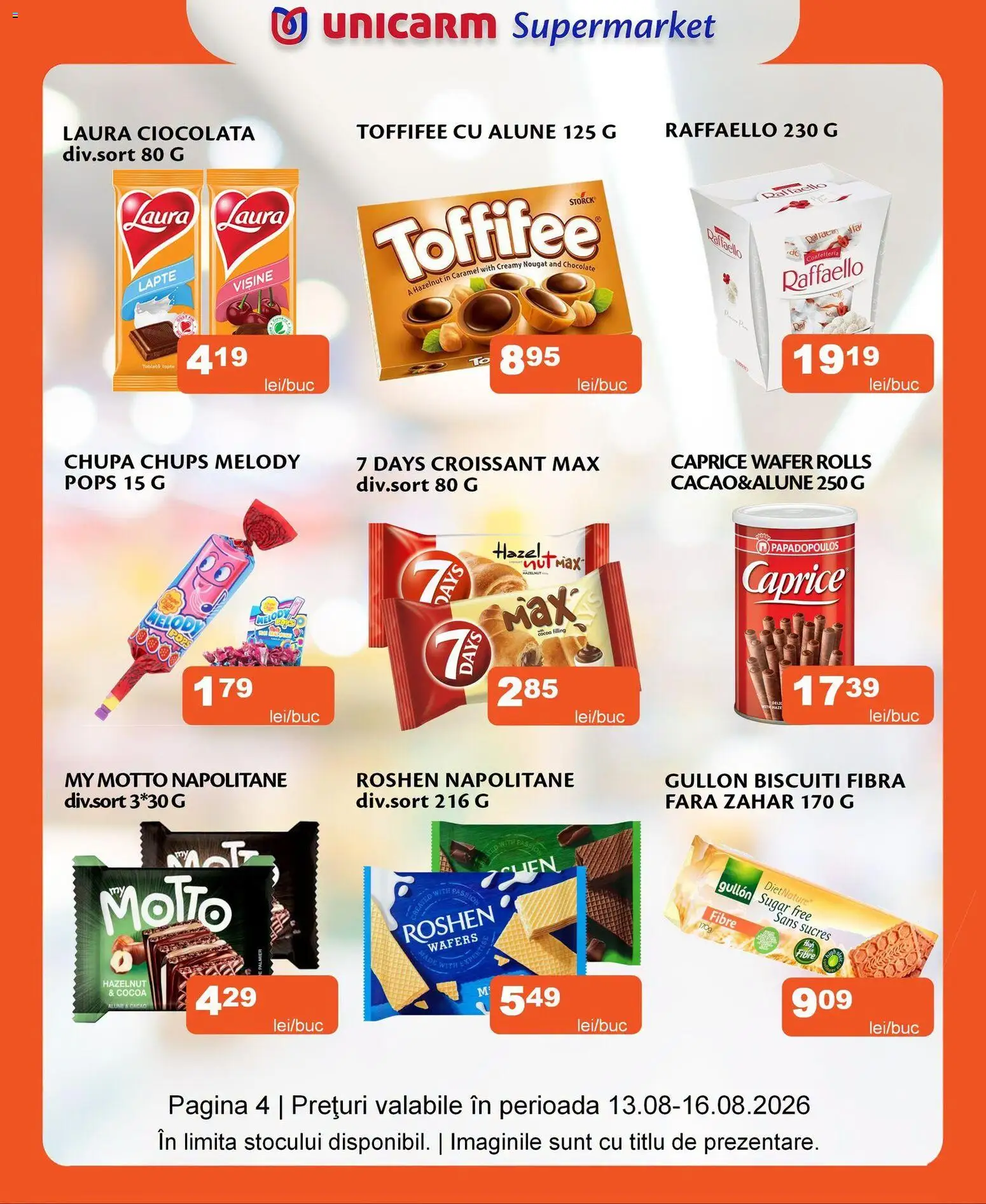 Noul catalog Unicarm – valabil de la 13.08.2026 | Pagină: 4 | Produse: Alune, Ciocolată, Biscuiți, Zahăr