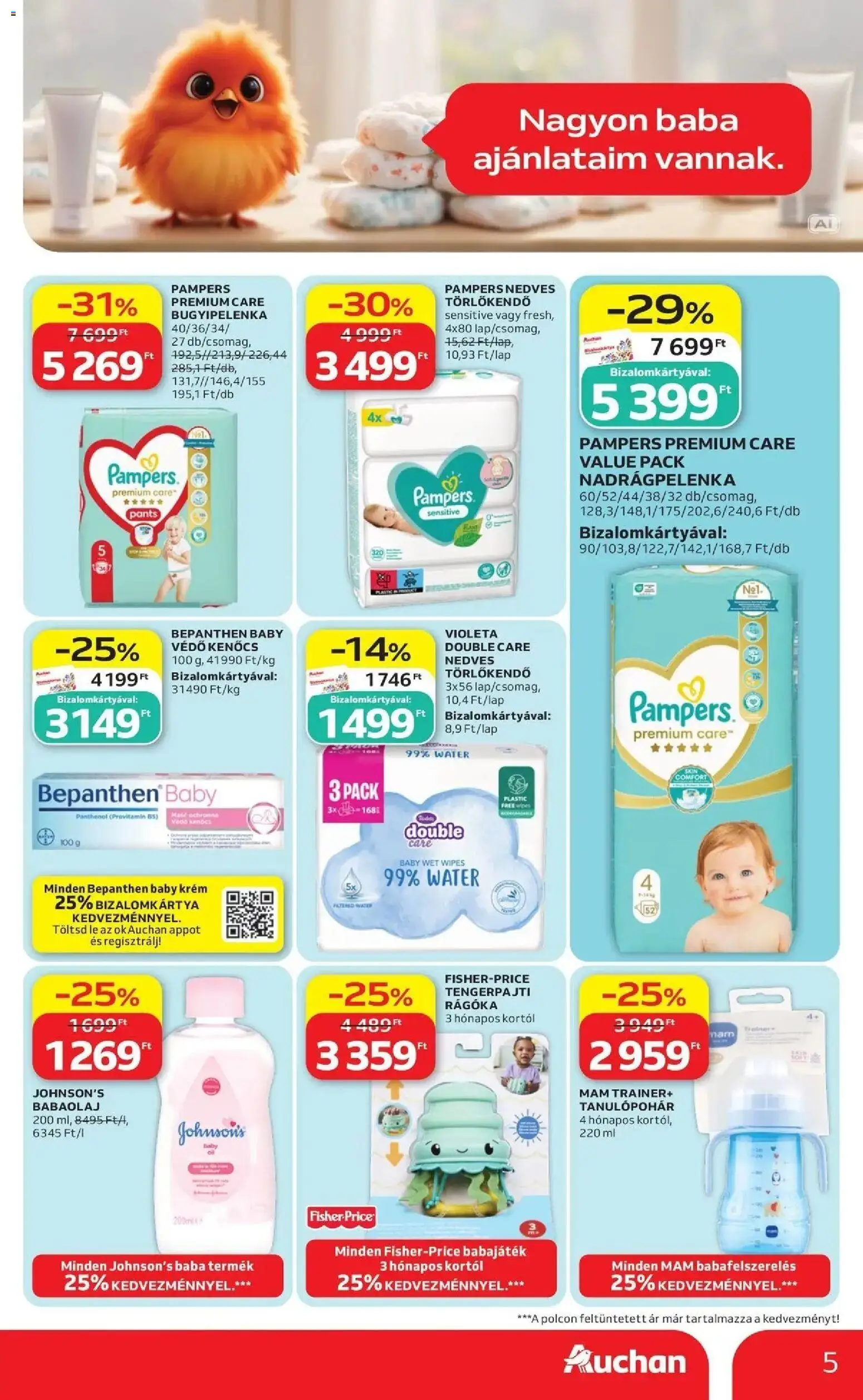 Auchan akciós újság Fót - 2026.09.24. -tól/töl > akció, lapozható szórólap 🛍️ | Oldal: 5 | Termékek: Lé, Pampers Premium Care, Bugyipelenka, Baba