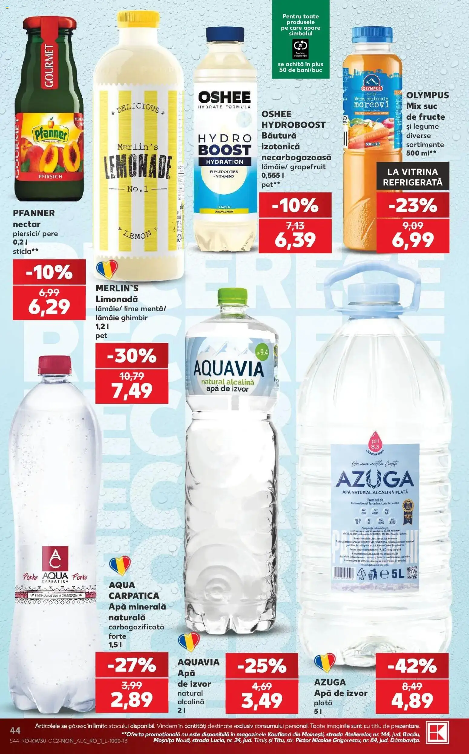 Noul catalog Kaufland – valabil de la 22.07.2026 | Pagină: 44 | Produse: Limonada, Aqua Carpatica, Suc, Apă