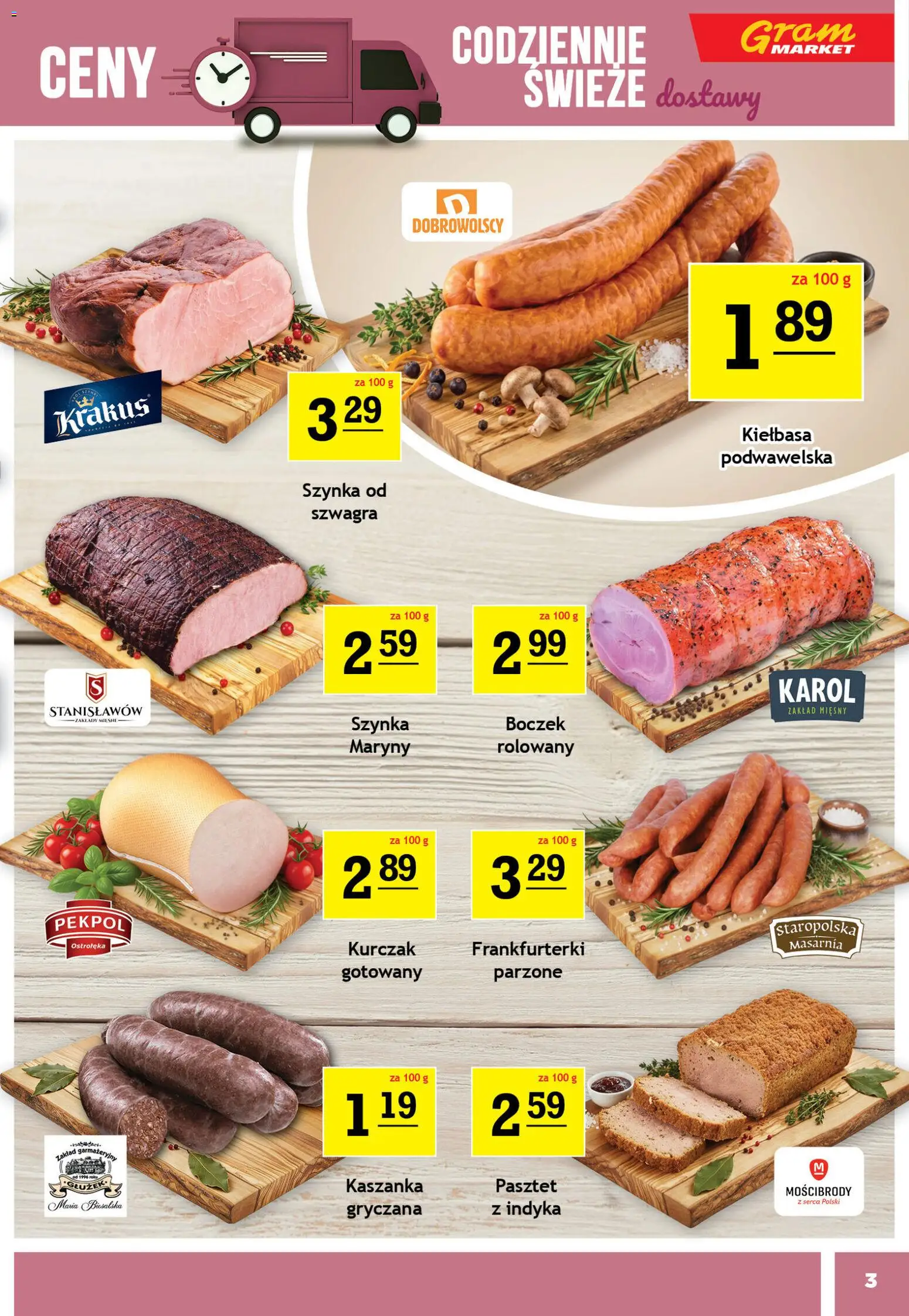 Gram Market gazetka od 13.05.2026 | Strona: 3 | Produkty: Kurczak, Frankfurterki, Szynka, Kiełbasa podwawelska
