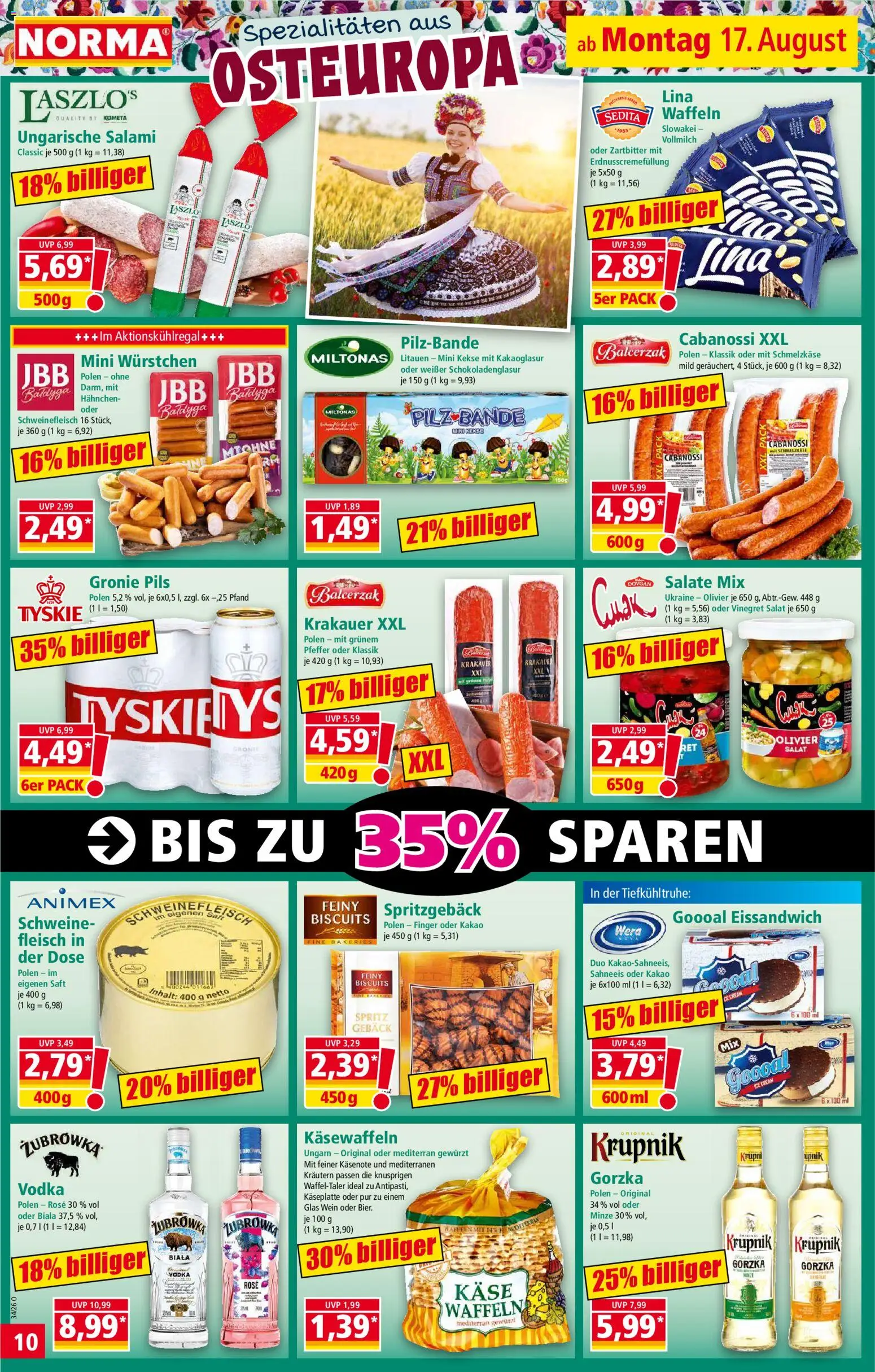 Norma Prospekt – gültig ab 17.08.2026 | Seite: 10 | Produkte: Tyskie, Vodka, Fleisch, Salat