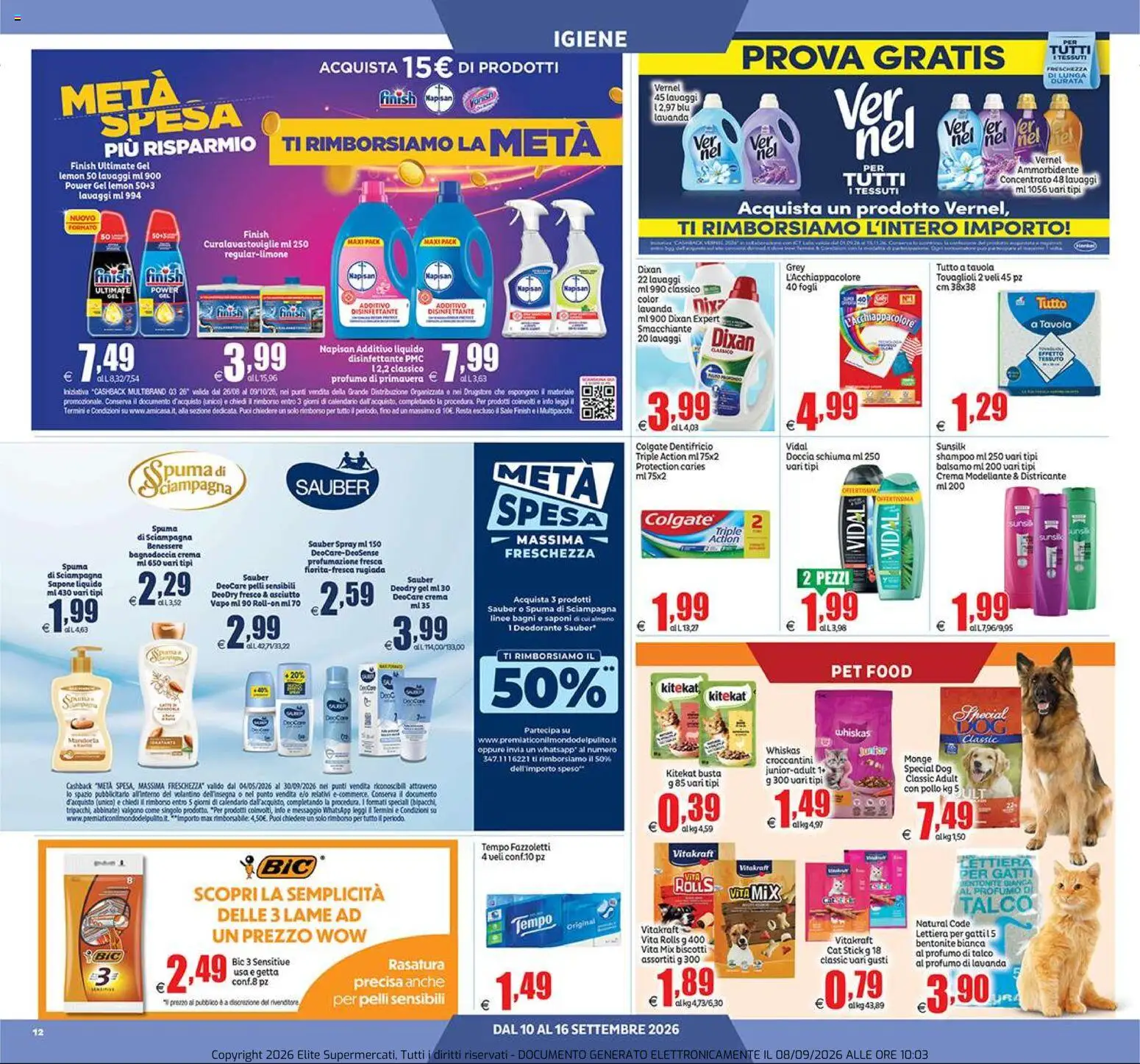Volantino Elite Supermercati del 10/09/2026 | Pagina: 12 | Prodotti: Crema, Sapone, Ammorbidente, Talco