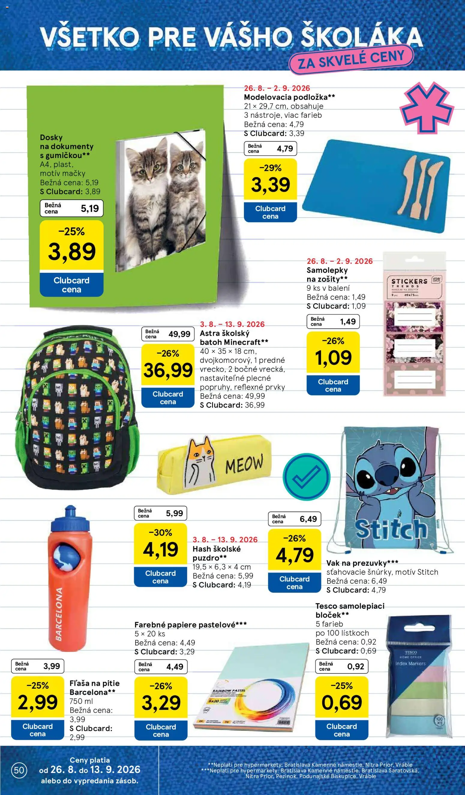Nové Tesco akcie – leták je platný od 26.08.2026 | Strana: 50 | Produkty: Zošity, Batoh, Puzdro