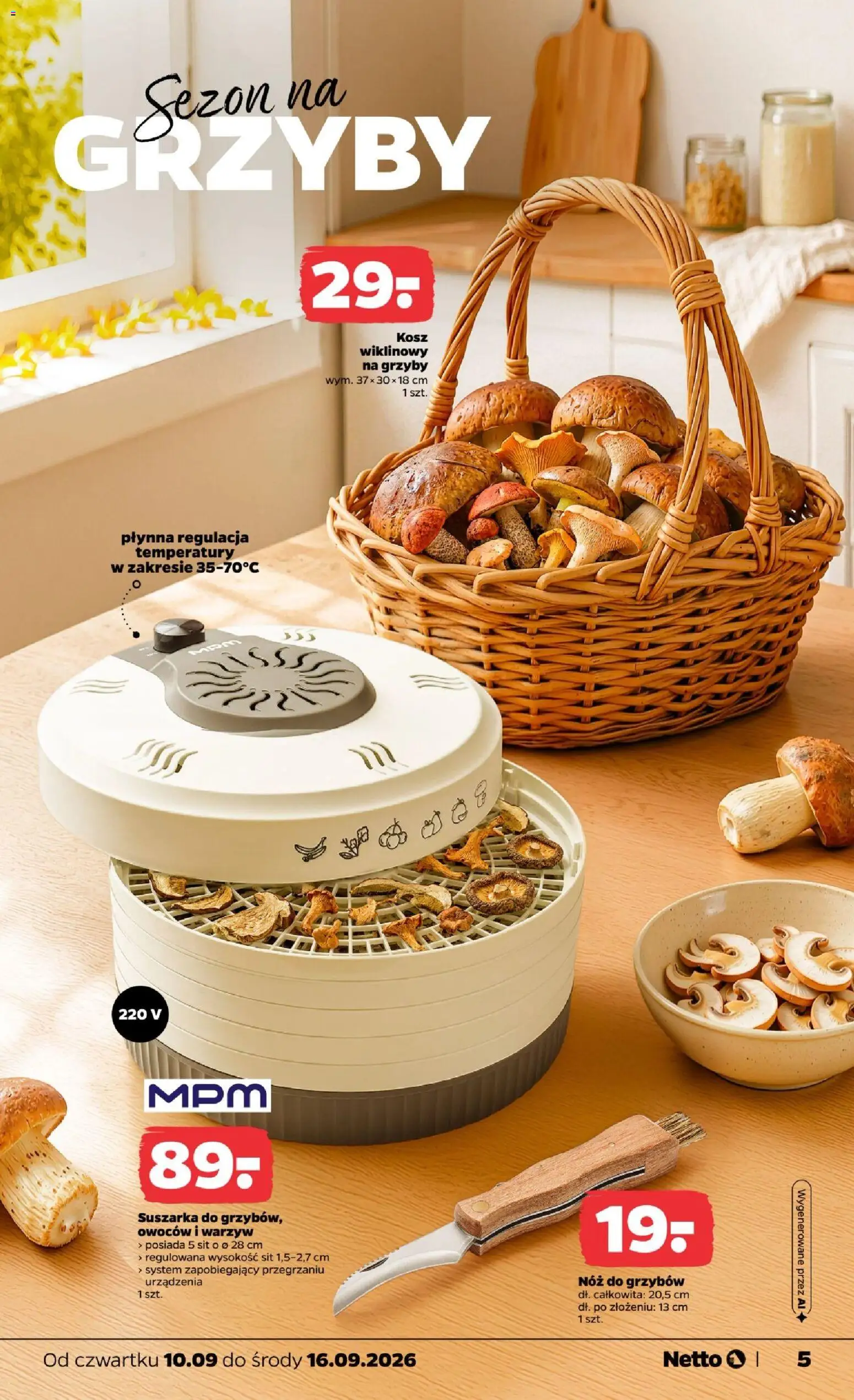 Netto gazetka od czwartku NonFood od 10.09.2026 | Strona: 5 | Produkty: Grzyby, Nóż do grzybów, Suszarka, Kosz