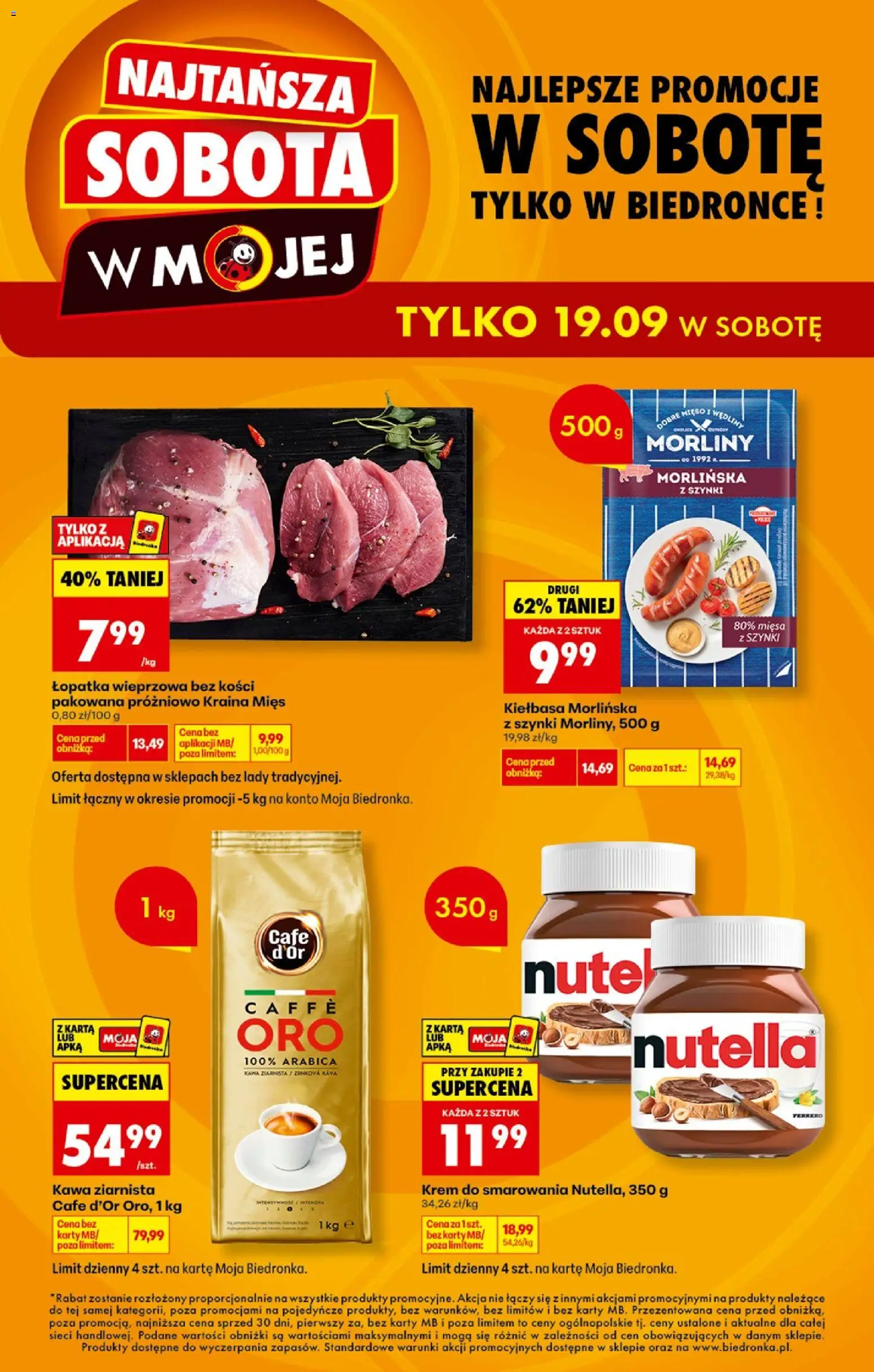 Biedronka gazetka - Najtańsza sobota od 19.09.2026 | Strona: 1 | Produkty: Łopatka wieprzowa bez kości, Nutella, Kawa ziarnista, Łopatka wieprzowa