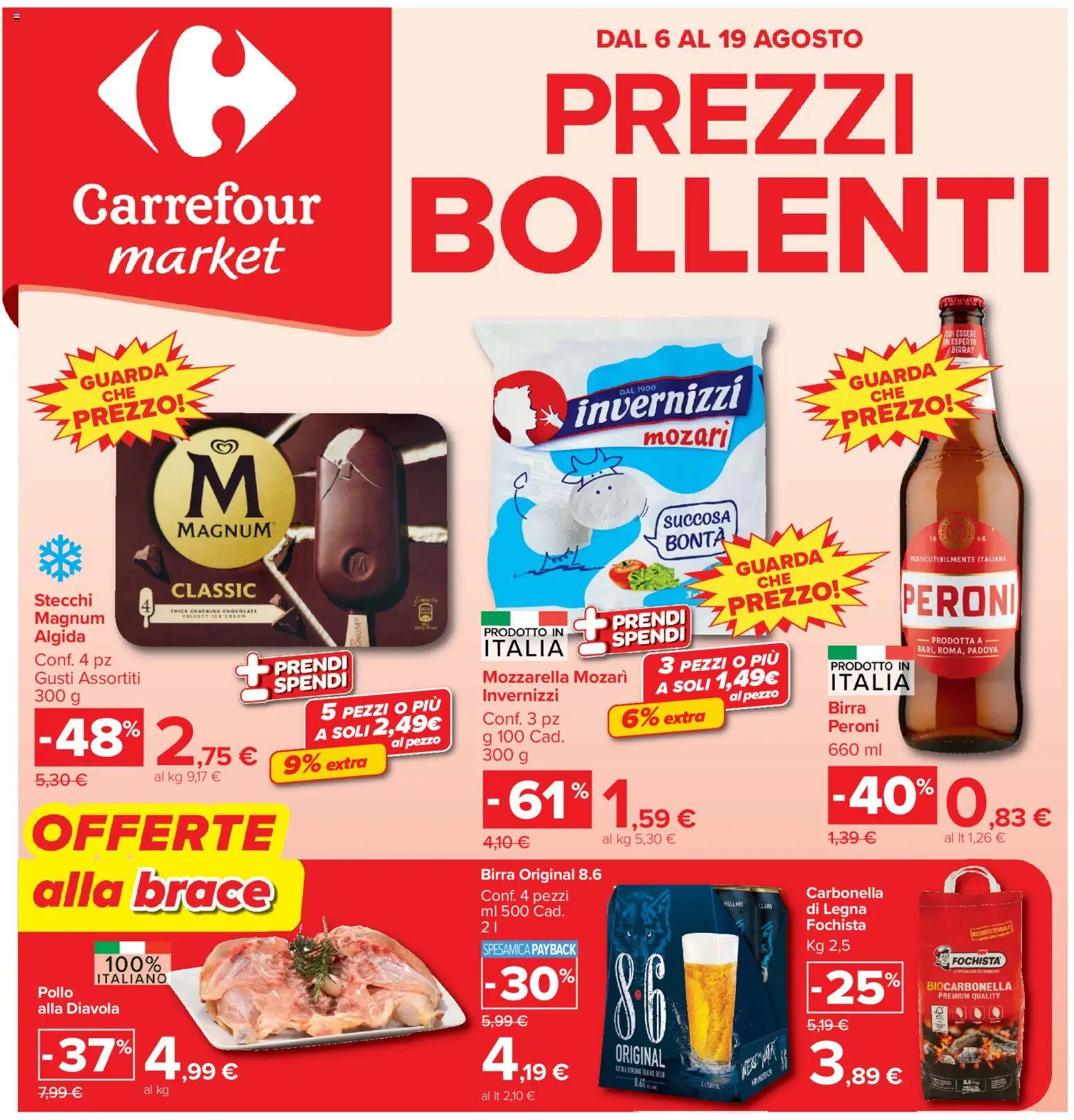 Volantino Carrefour del 06/08/2026 | Pagina: 1 | Prodotti: Birra, Pollo, Mozzarella