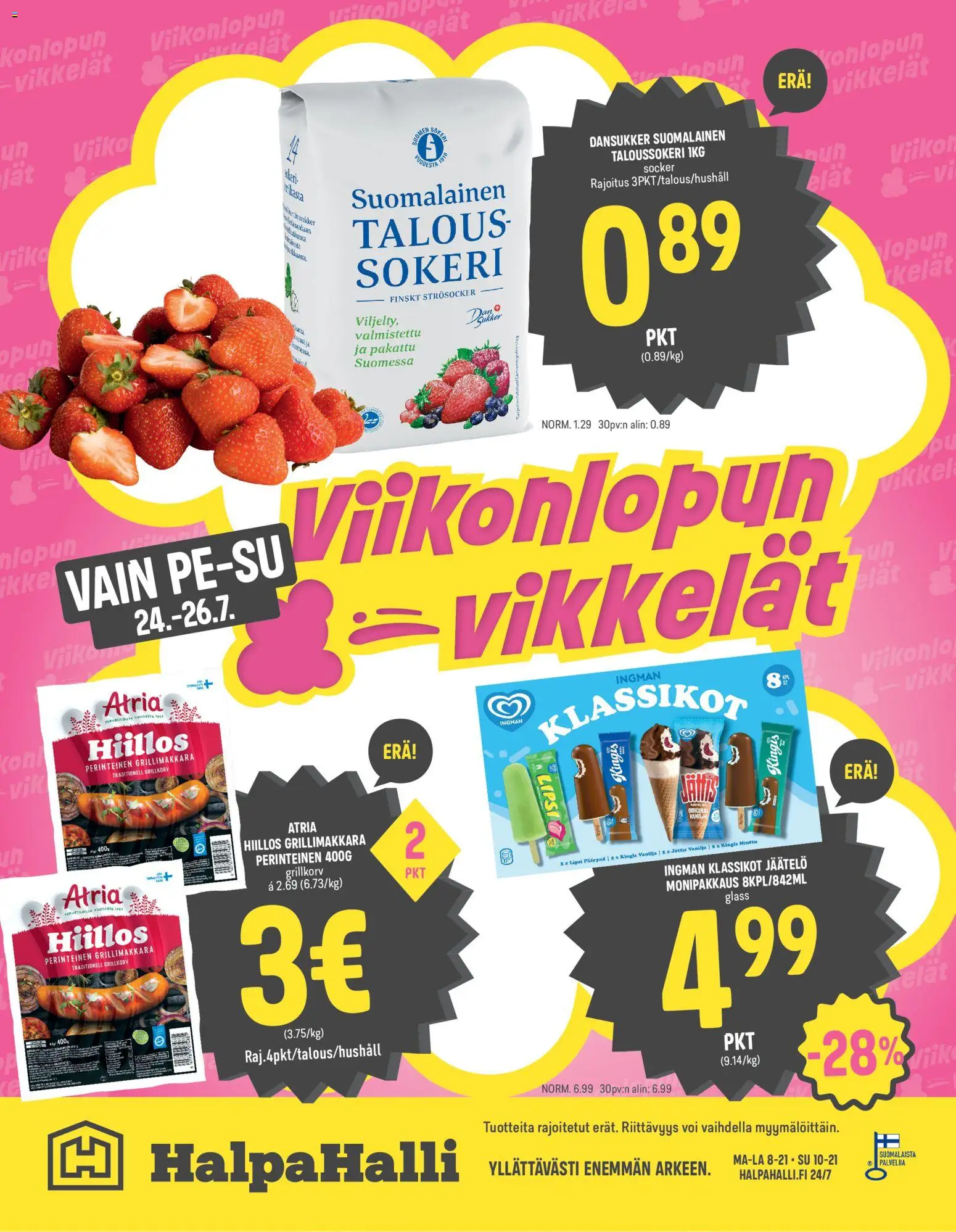 Halpa Halli tarjoukset – voimassa 22/07/2026 alkaen | Sivu: 12 | Tuotteet: Taloussokeri, Voi, Grillimakkara, Jäätelö