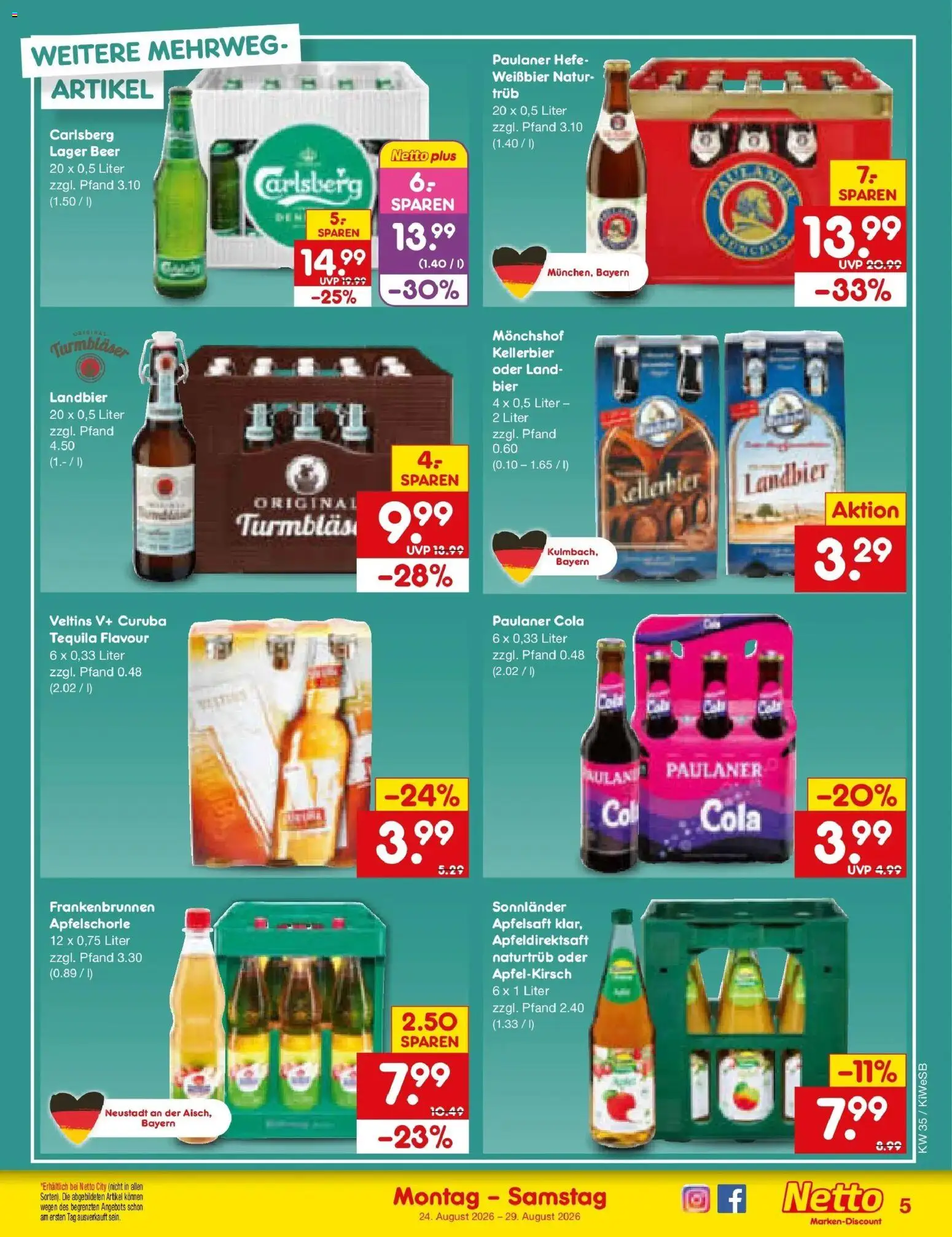 Netto Marken-Discount Prospekt Bad Friedrichshall (ab 24.08.2026) » Angebote | Seite: 5 | Produkte: Carlsberg, Bier, Weißbier, Paulaner