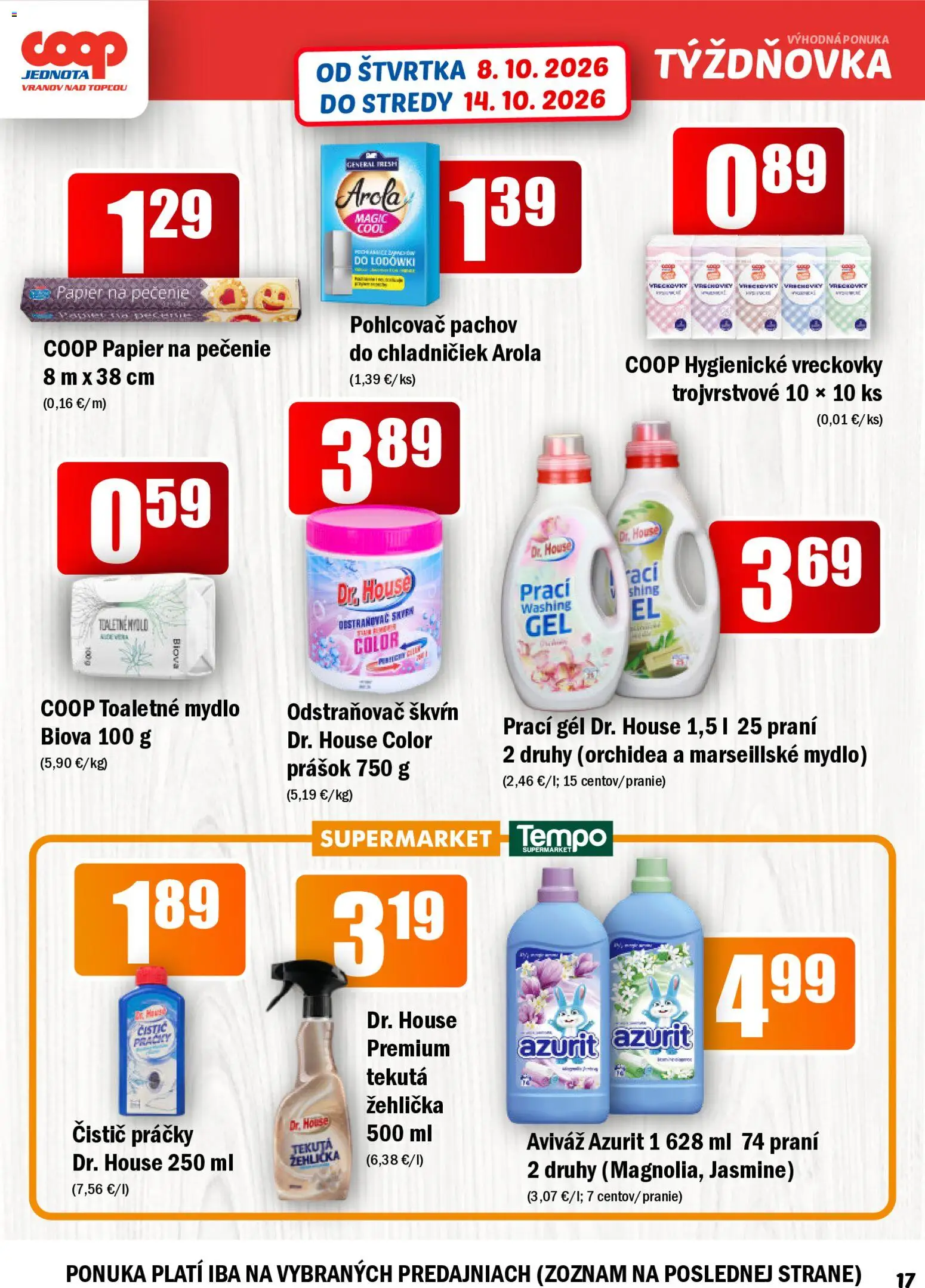 Nové COOP Jednota akcie – leták je platný od 08.10.2026 | Strana: 17 | Produkty: Práčky, Žehlička, Mydlo, Vreckovky