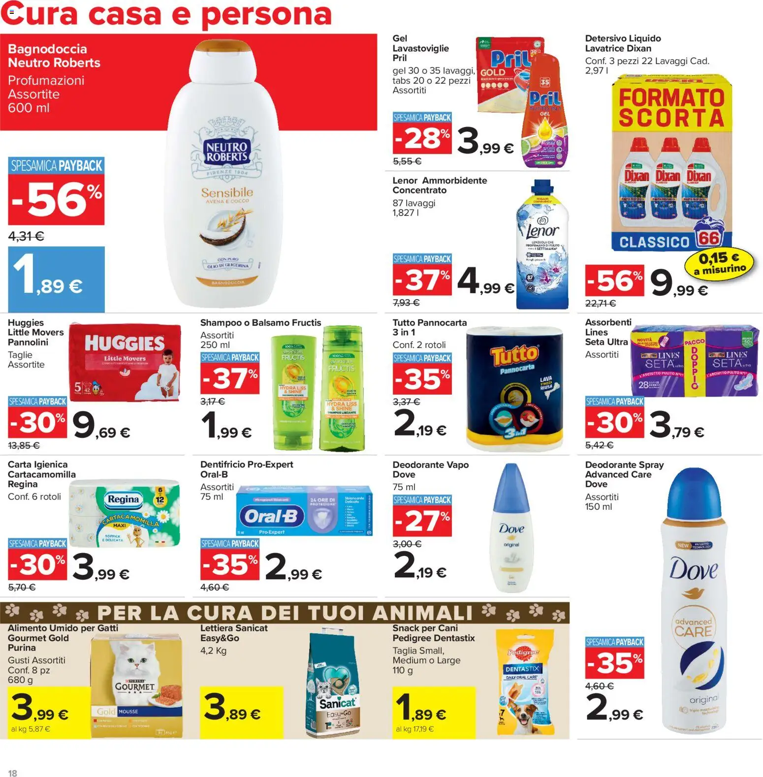 Volantino Carrefour del 16.06.2026 | Pagina: 18 | Prodotti: Pannolini, Deodorante, Ammorbidente, Lenzuola