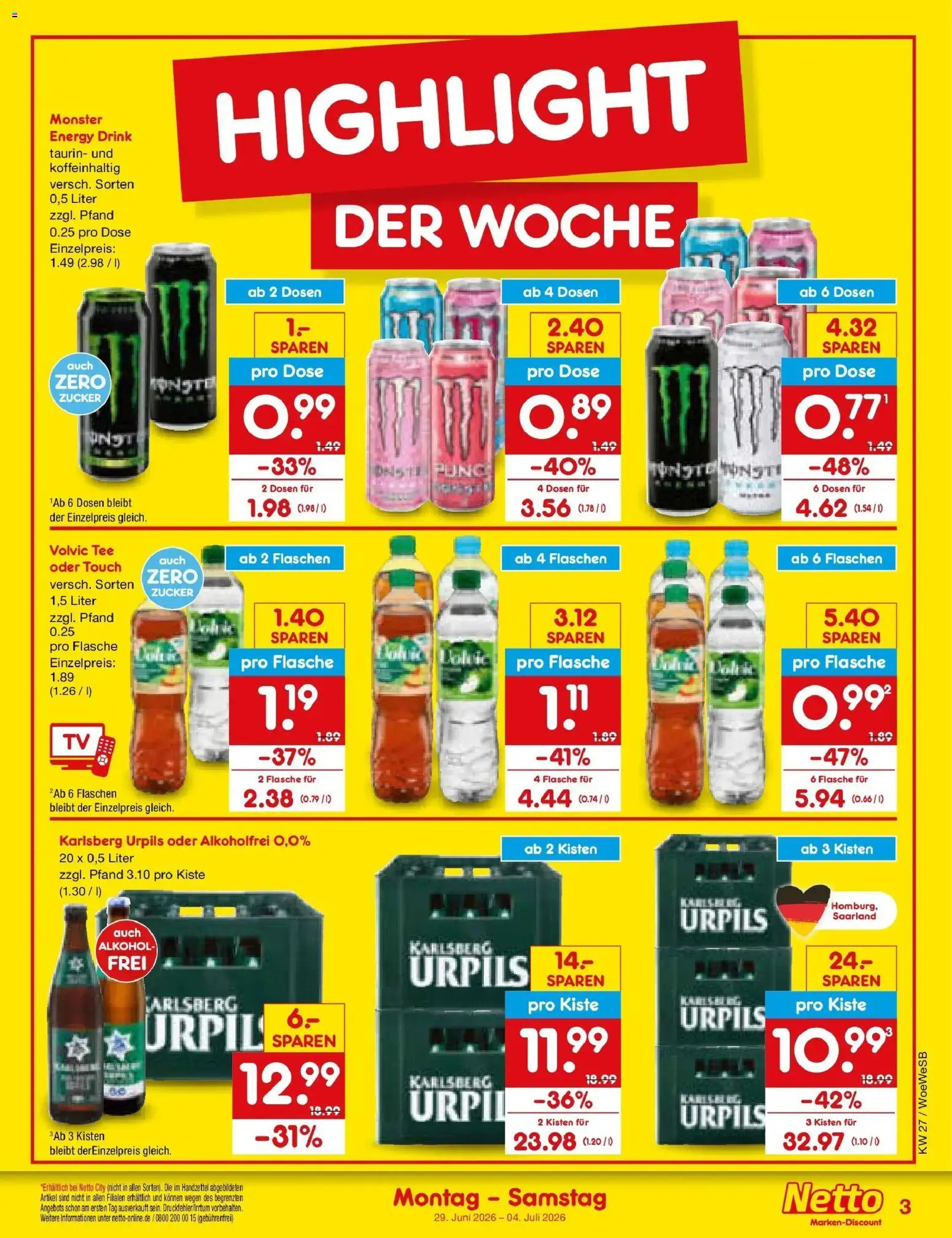 Netto Marken-Discount Prospekt Katzweiler – gültig ab 29.06.2026 | Seite: 3 | Produkte: Carlsberg, Energy, Volvic tee, Monster