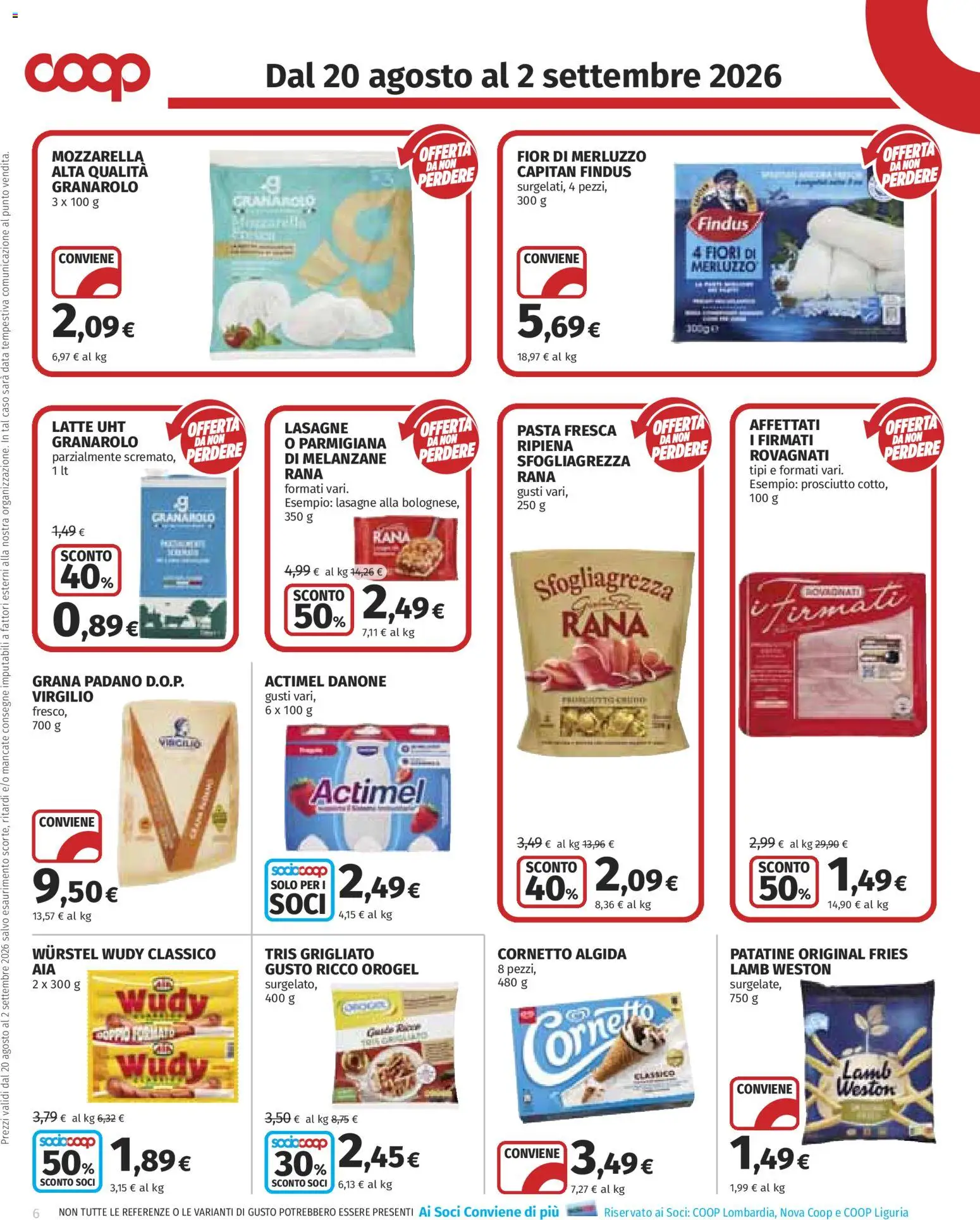 Volantino COOP del 20/08/2026 | Pagina: 6 | Prodotti: Prosciutto, Wurstel, Data, Grana Padano