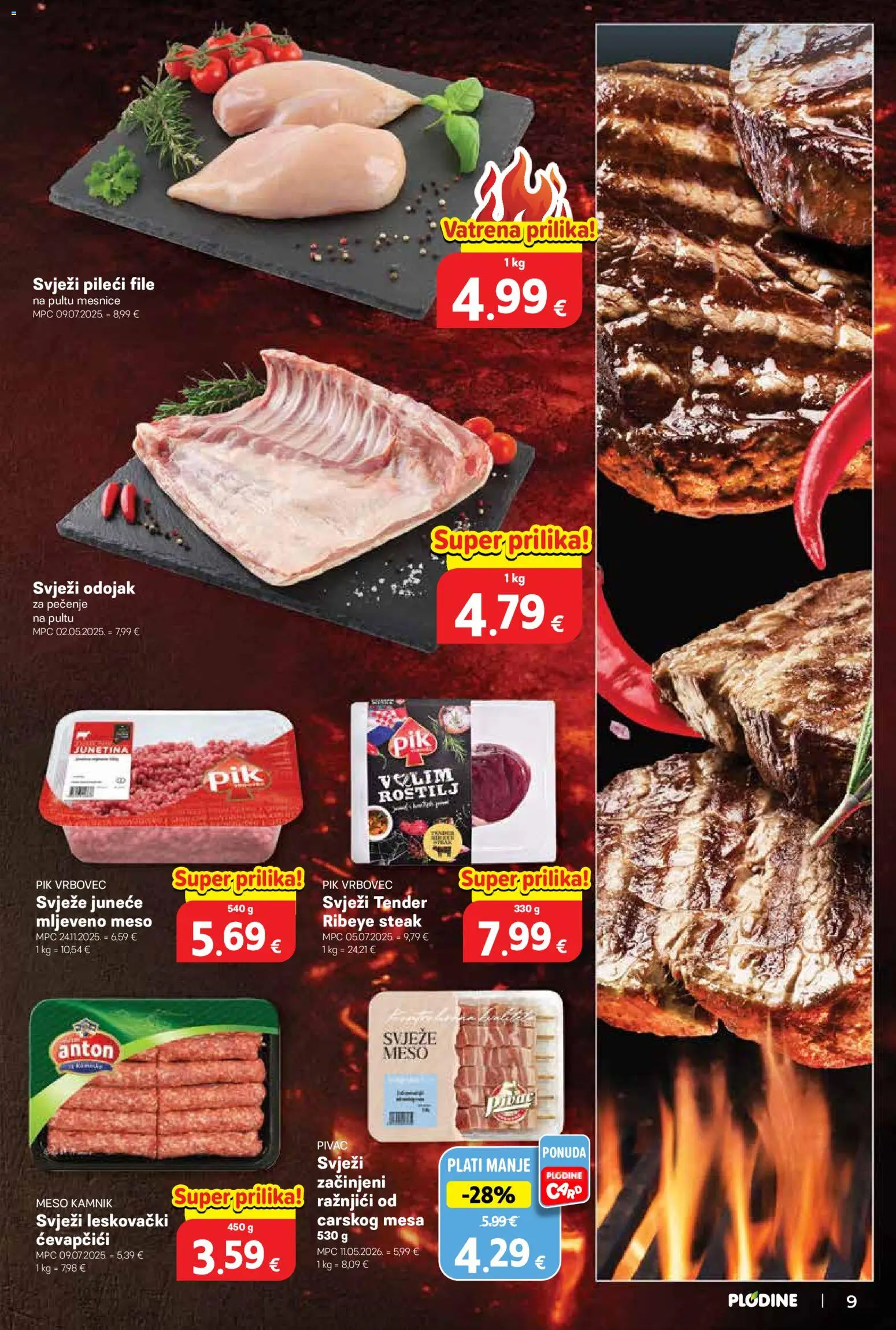 Plodine katalog | vrijedi od 13.05.2026 | Stranica: 9 | Proizvodi: Pileći file, Junetina, Mljeveno meso, Pik Vrbovec