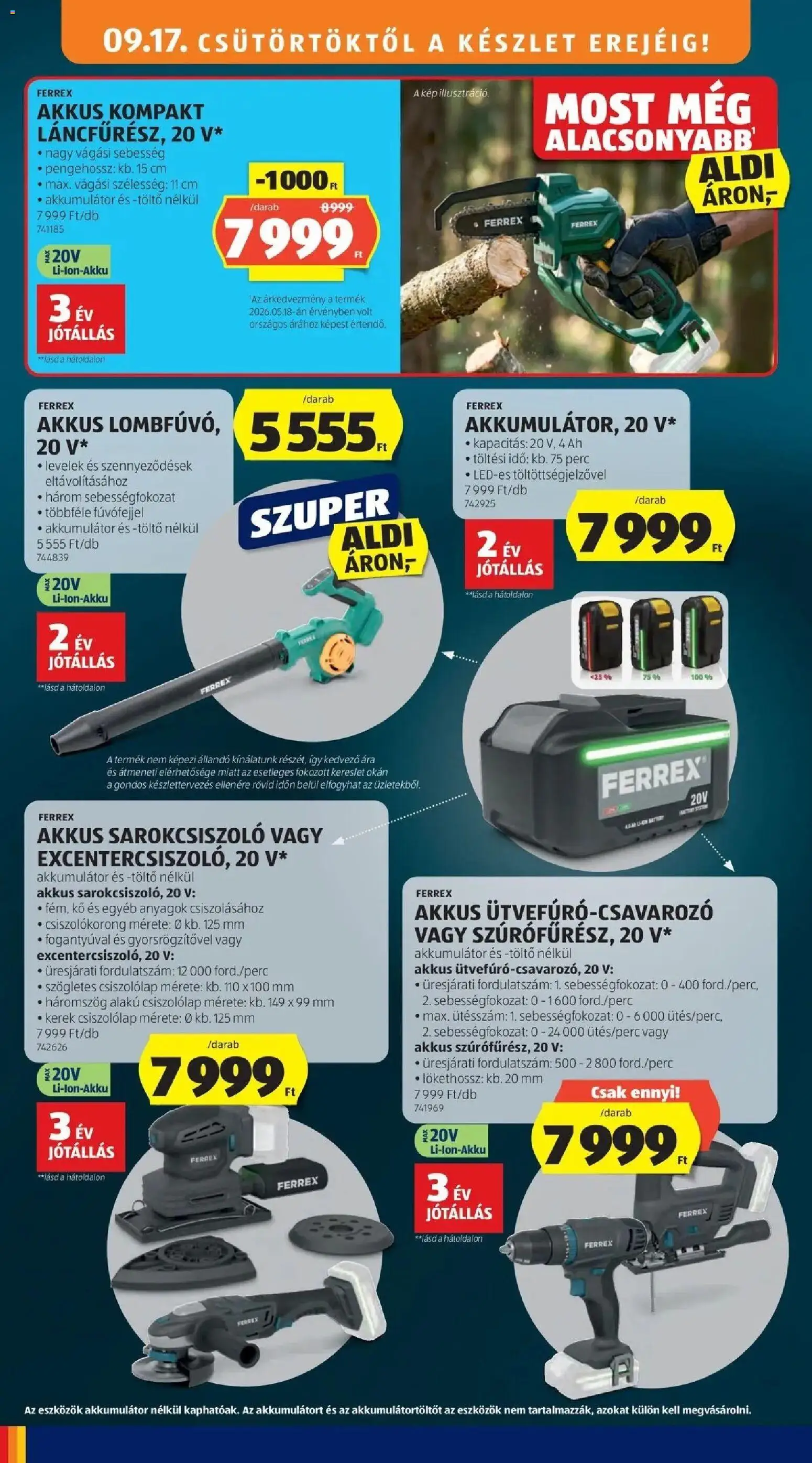 Aldi aktuális akciós újság - 2026.09.17. -tól/töl > akció, lapozható szórólap 🛍️ | Oldal: 28 | Termékek: Ferrex, Sarokcsiszoló, Akkumulátor, Töltő