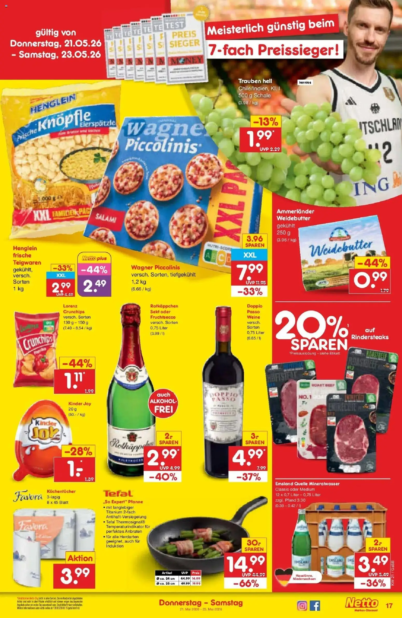 Netto Marken-Discount Prospekt Bremen-Lesum	 – gültig ab 18.05.2026 | Seite: 19 | Produkte: Kinder joy, Mineralwasser, Piccolinis, Salami