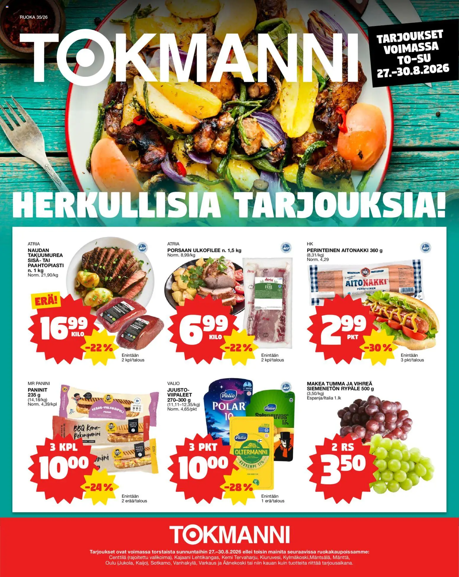 Tokmanni - Ruokasanomat – voimassa 27/08/2026 alkaen | Sivu: 1 | Tuotteet: Kana, Juusto