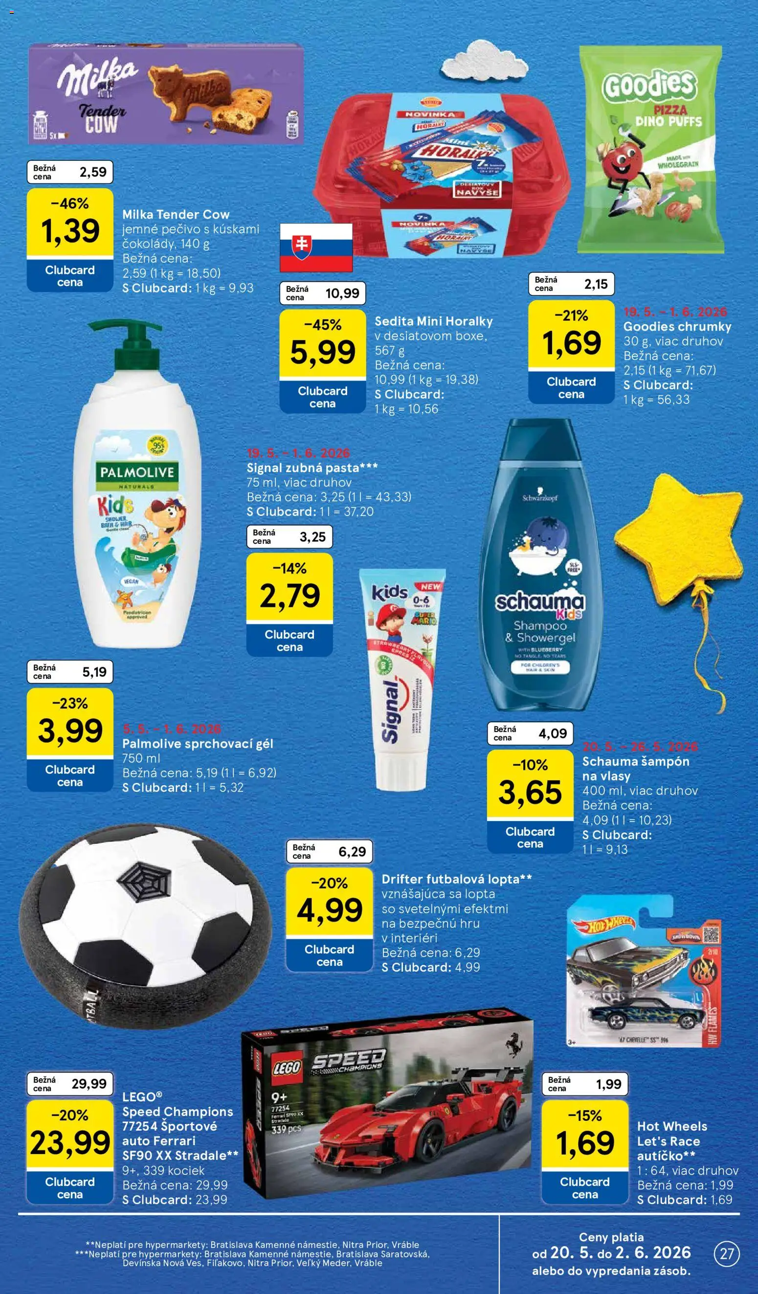Nové Tesco akcie – leták je platný od 20.05.2026 | Strana: 27 | Produkty: LEGO, Šampón, Zubná pasta, Horálky
