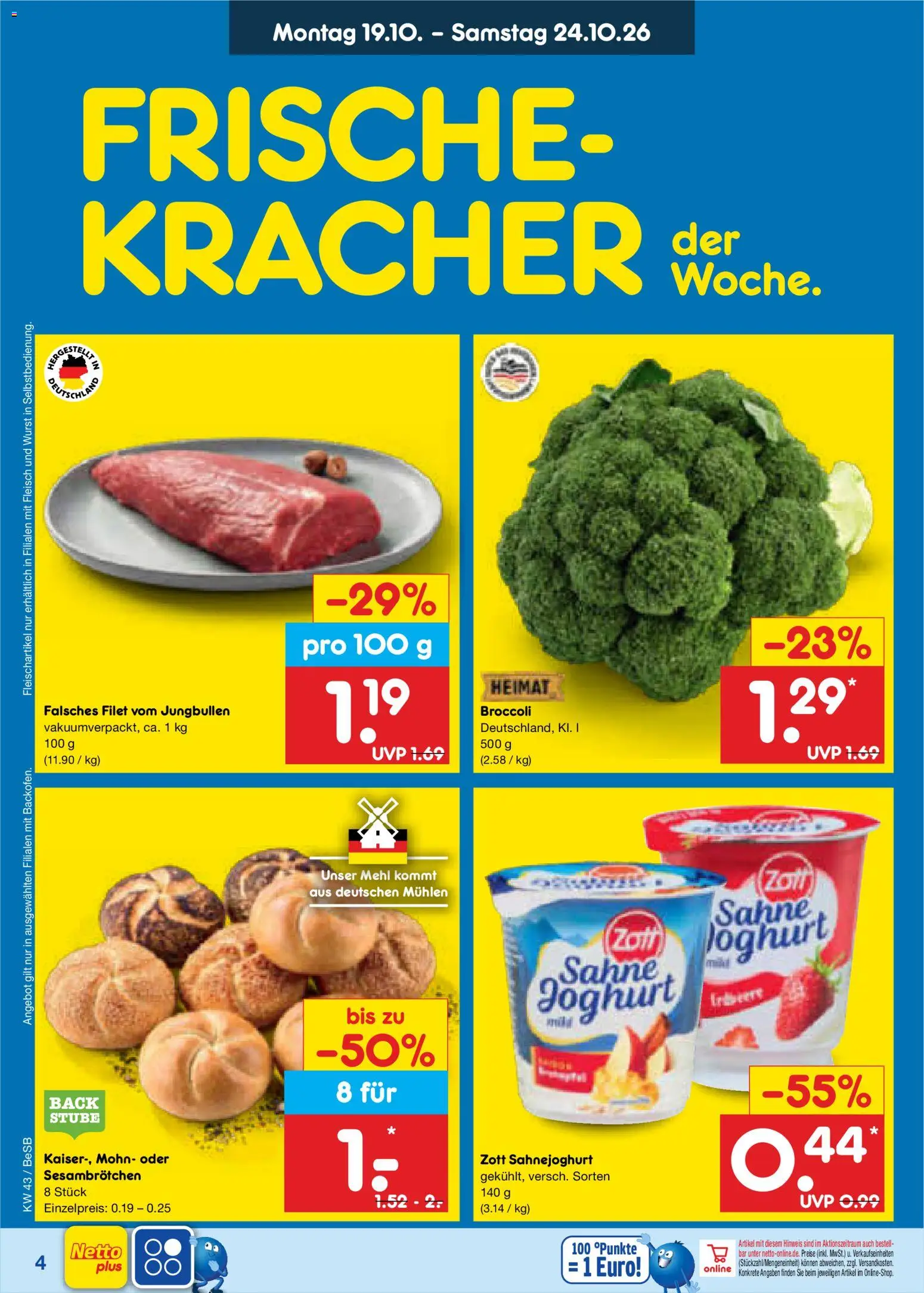 Netto Marken-Discount Prospekt – gültig ab 19.10.2026 | Seite: 4 | Produkte: Joghurt, Wurst, Sahne, Fleisch