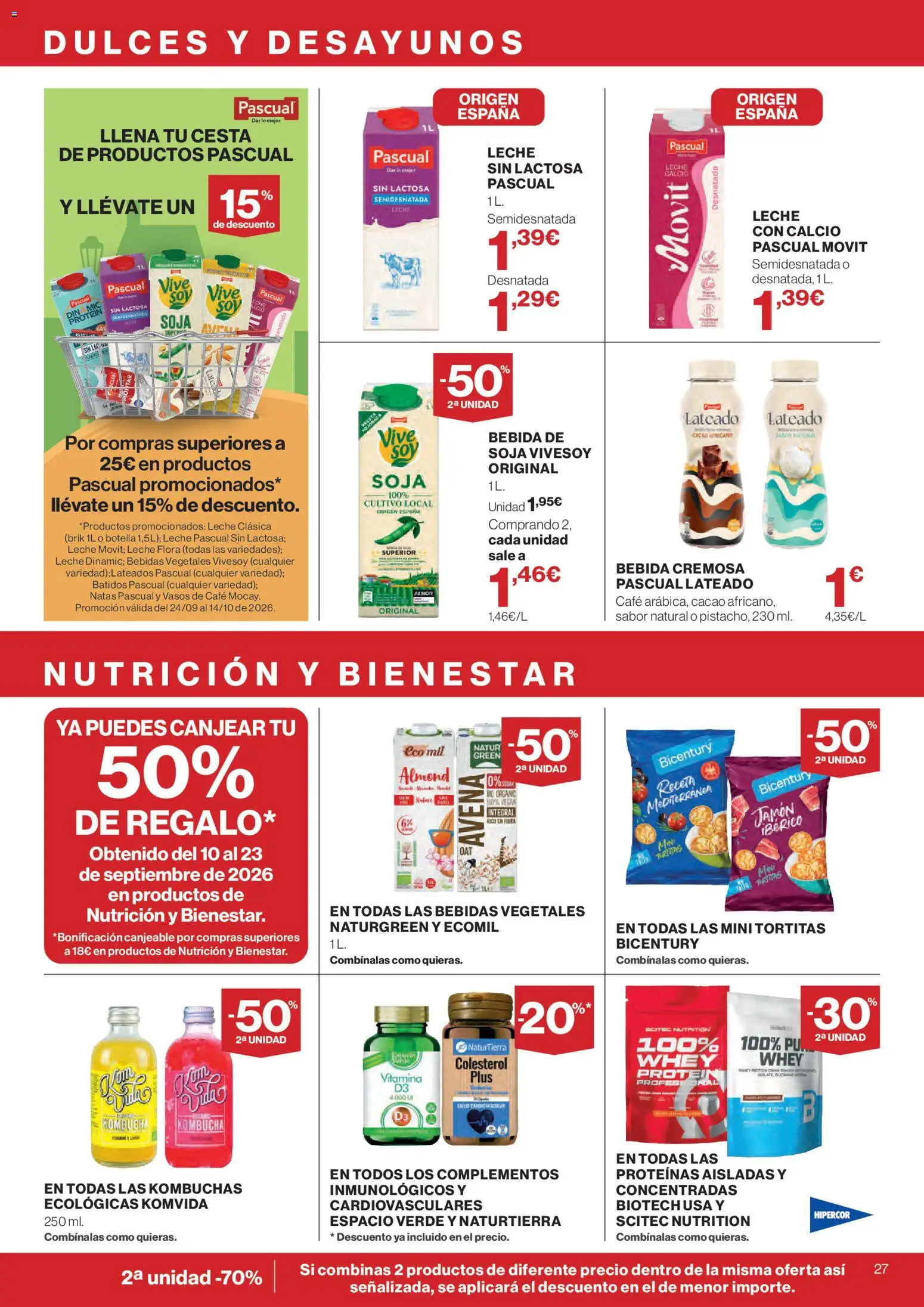 Hipercor catálogo │ válido desde el 24/09/2026 | Página: 27 | Productos: Leche desnatada, Vasos, Tiritas, Cacao