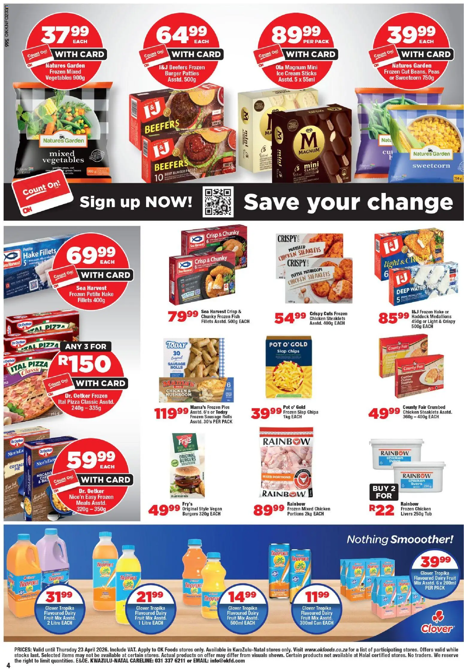New OK Foods catalogue – valid from 15.04.2026 | Page: 4 | Products: Fish, Burgers, Carrots, Sausage