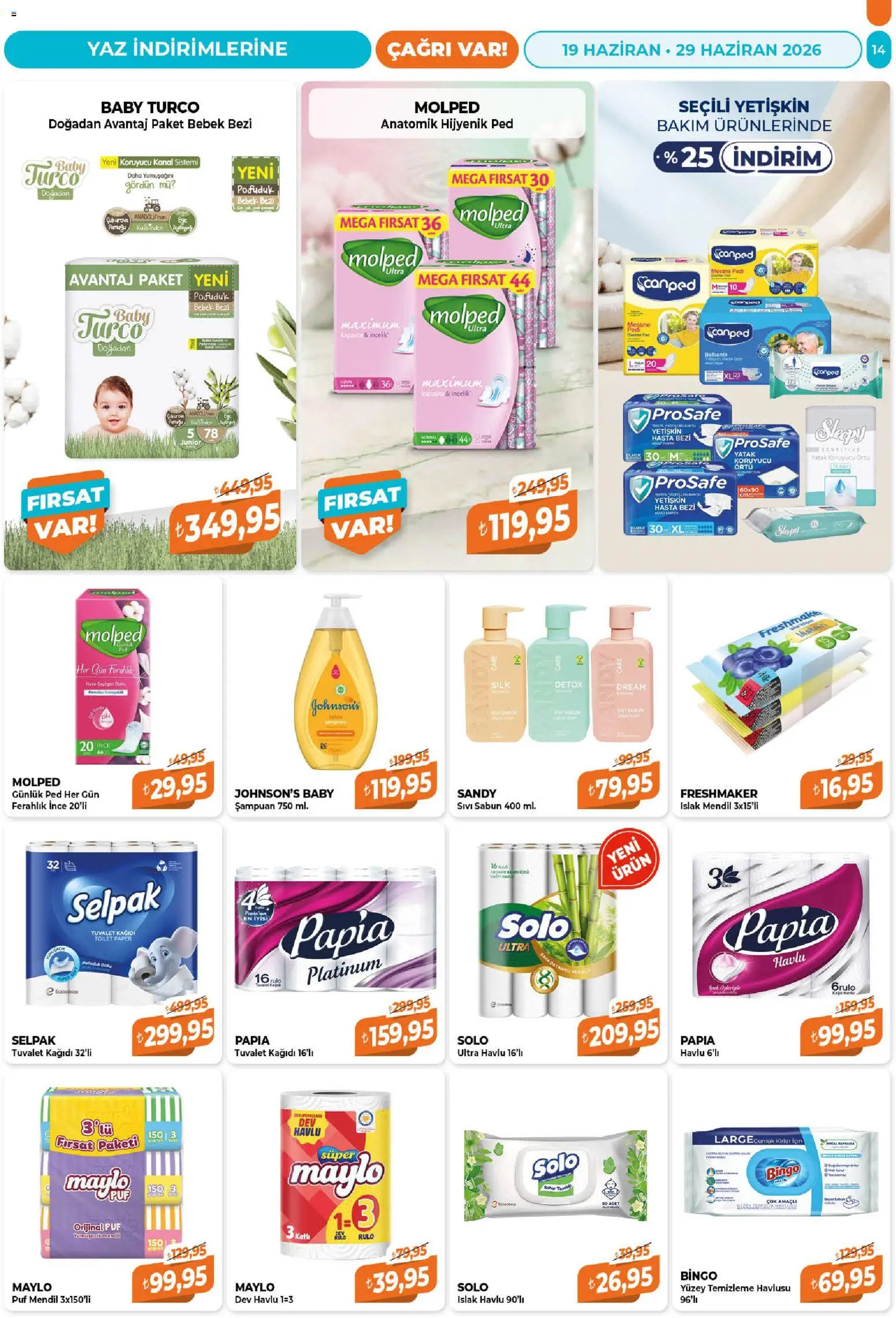 Çağrı Market Katalog - 19.06.2026 tarihinden itibaren geçerlidir | Sayfa: 14 | Ürünler: Yatak, Hijyenik ped, Tuvalet, Mendil
