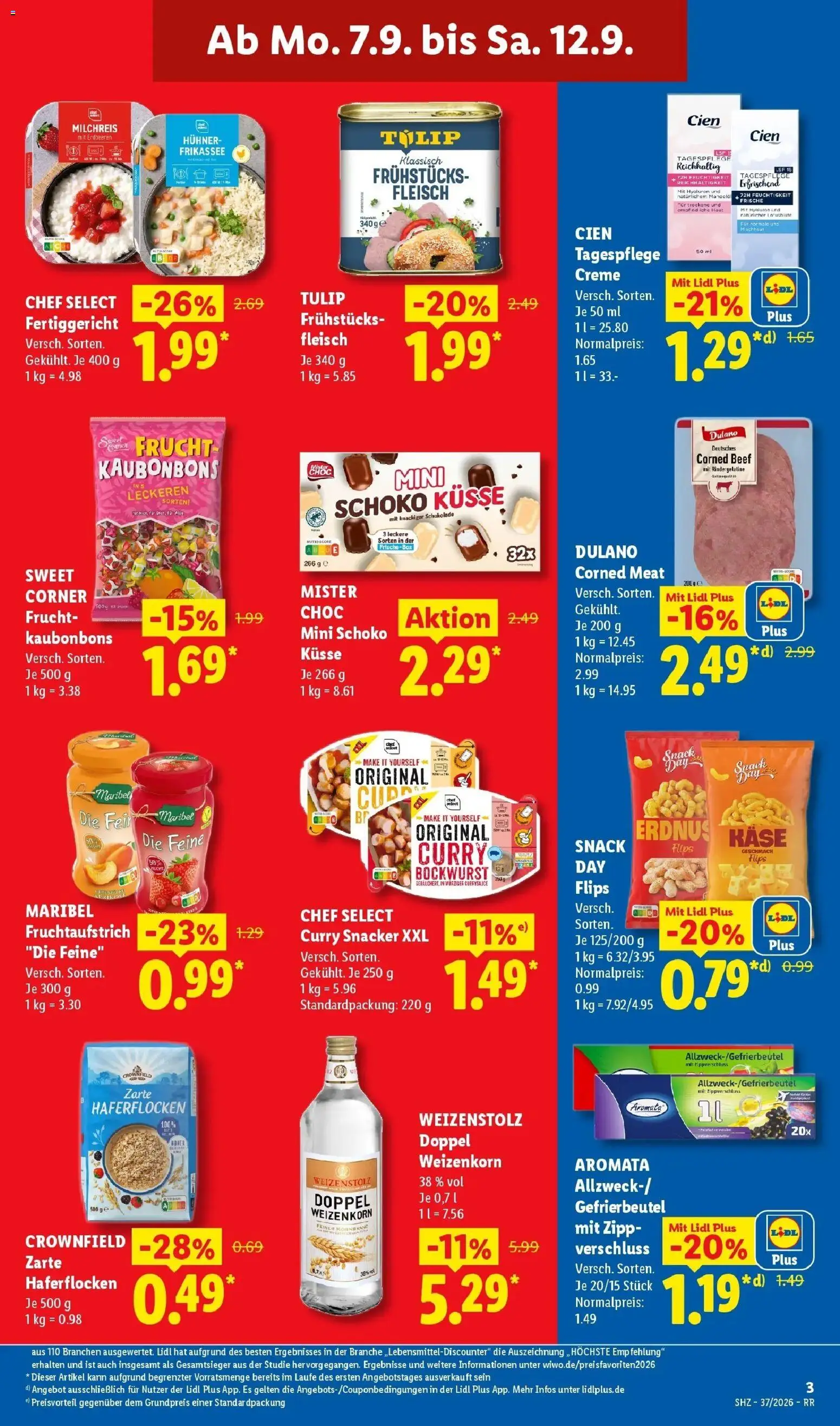 Lidl Prospekt Düsseldorf (ab 07.09.2026) zum Blättern » Angebote | Seite: 3 | Produkte: Bockwurst, Käse, Schokolade, Chips