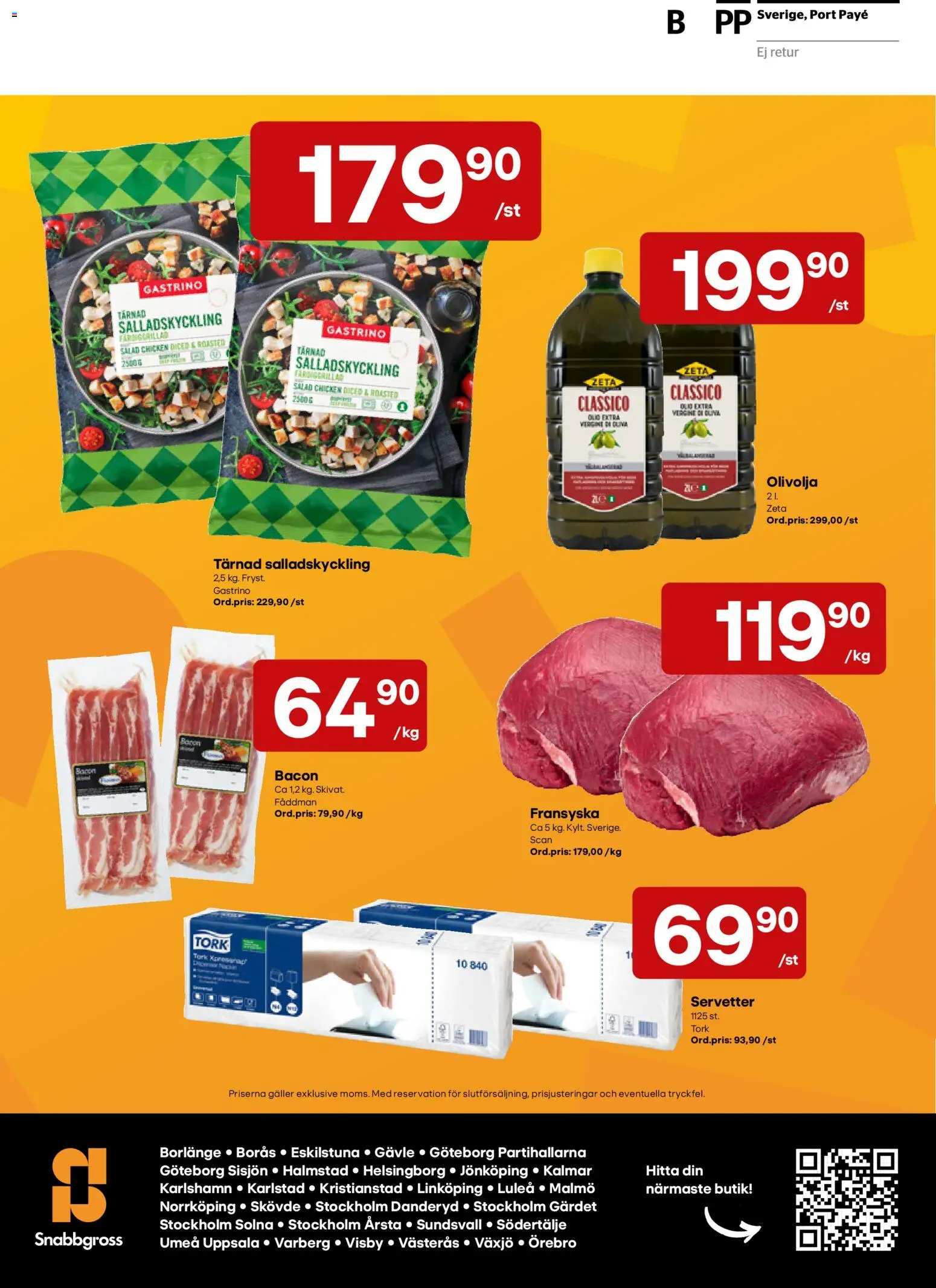 Snabbgross reklamblad aktuell från 19/10/2026 | Sida: 12 | Produkter: Bacon, Galler, Olivolja, Servetter