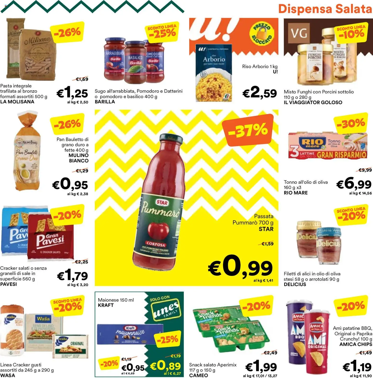 Volantino Unes del 08/10/2026 | Pagina: 9 | Prodotti: Riso, Olio, Snack salato, Alici