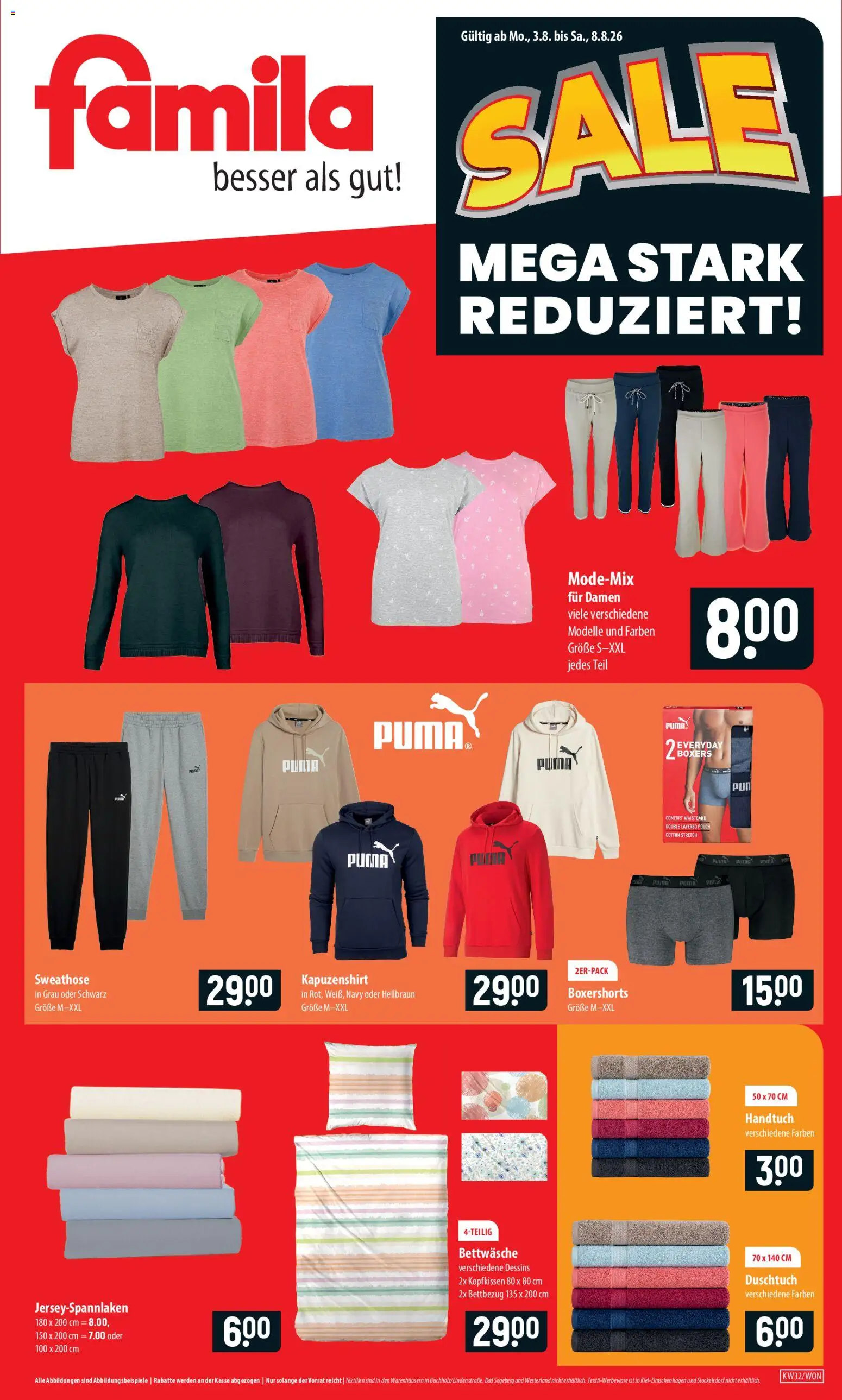 Famila Sale – gültig ab 03.08.2026 | Seite: 1 | Produkte: Sweathose, Bettwäsche, Bad, Kopfkissen