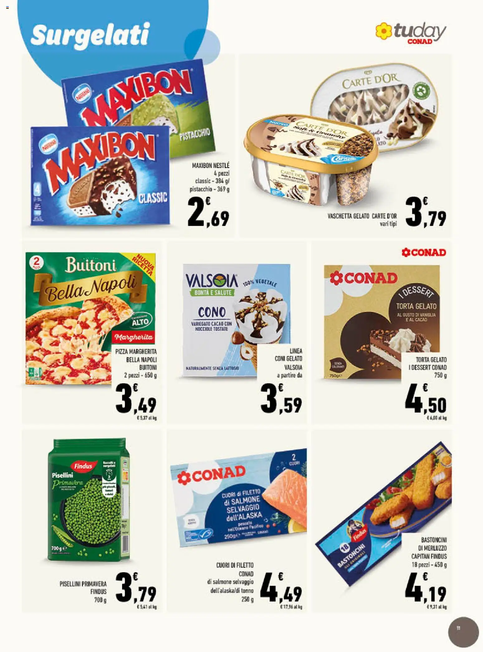 Volantino Conad del 01/07/2026 | Pagina: 11 | Prodotti: Salmone, Merluzzo, Gelato, Cacao