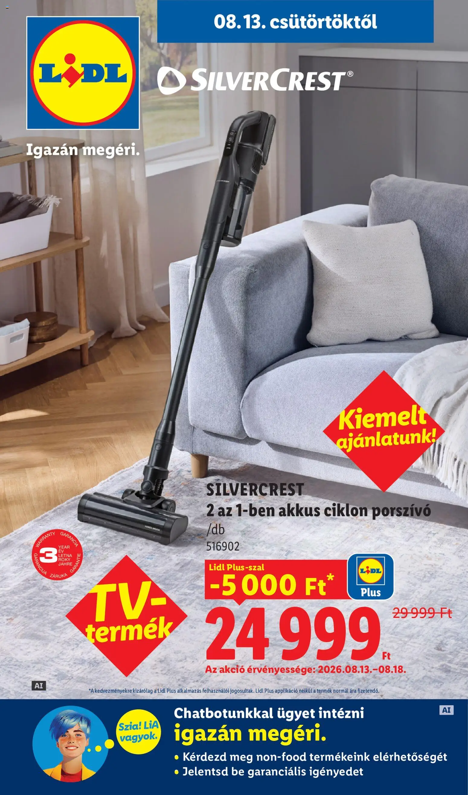 Lidl akciós ujság - amely érvényes a következő dátumtól: 2026.08.13. | Oldal: 1 | Termékek: Porszívó, SilverCrest