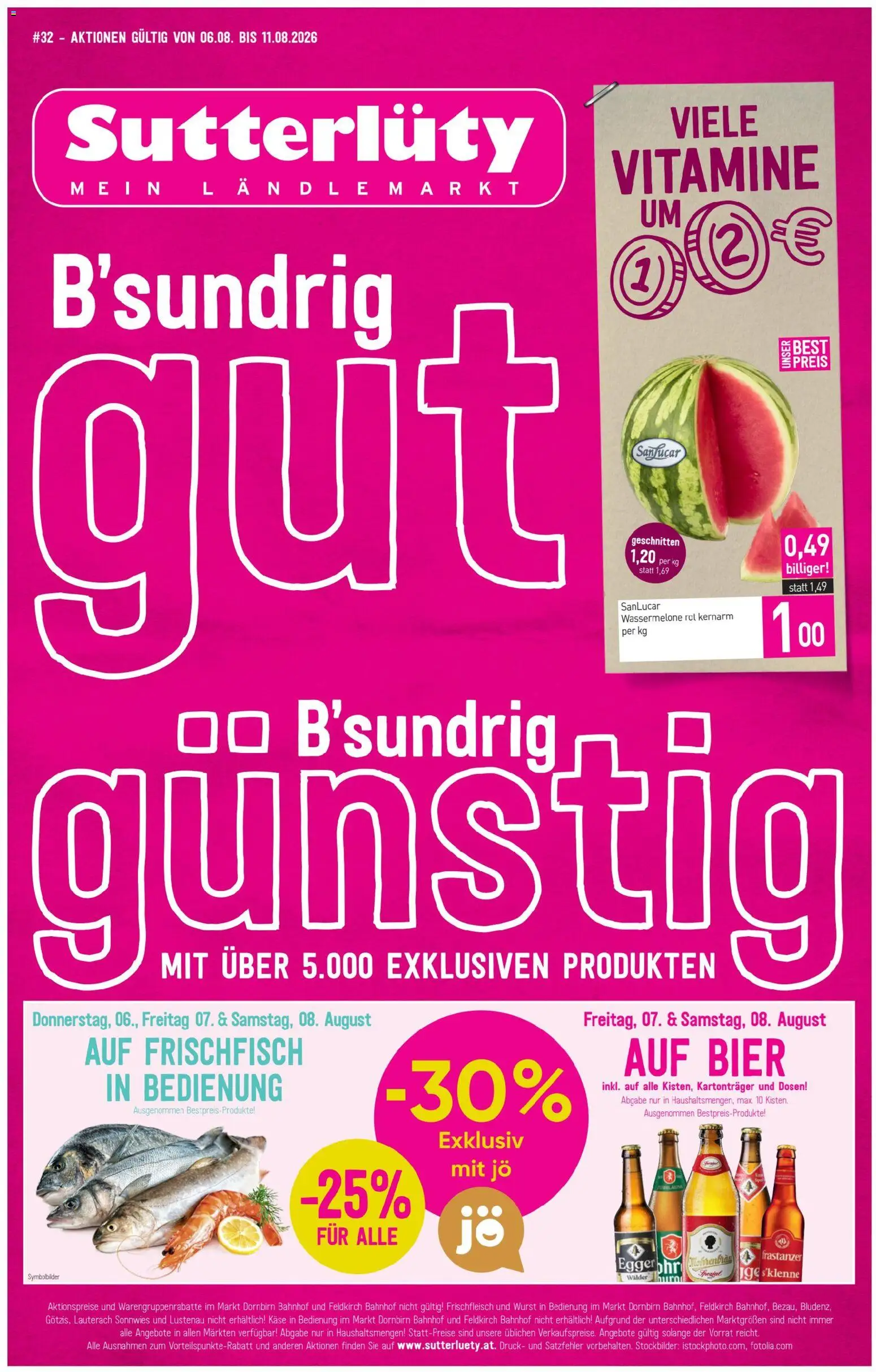 Sutterlüty Flugblatt gültig ab 06.08.2026 | Seite: 1 | Produkte: Wurst, Wassermelone, Käse, Bier