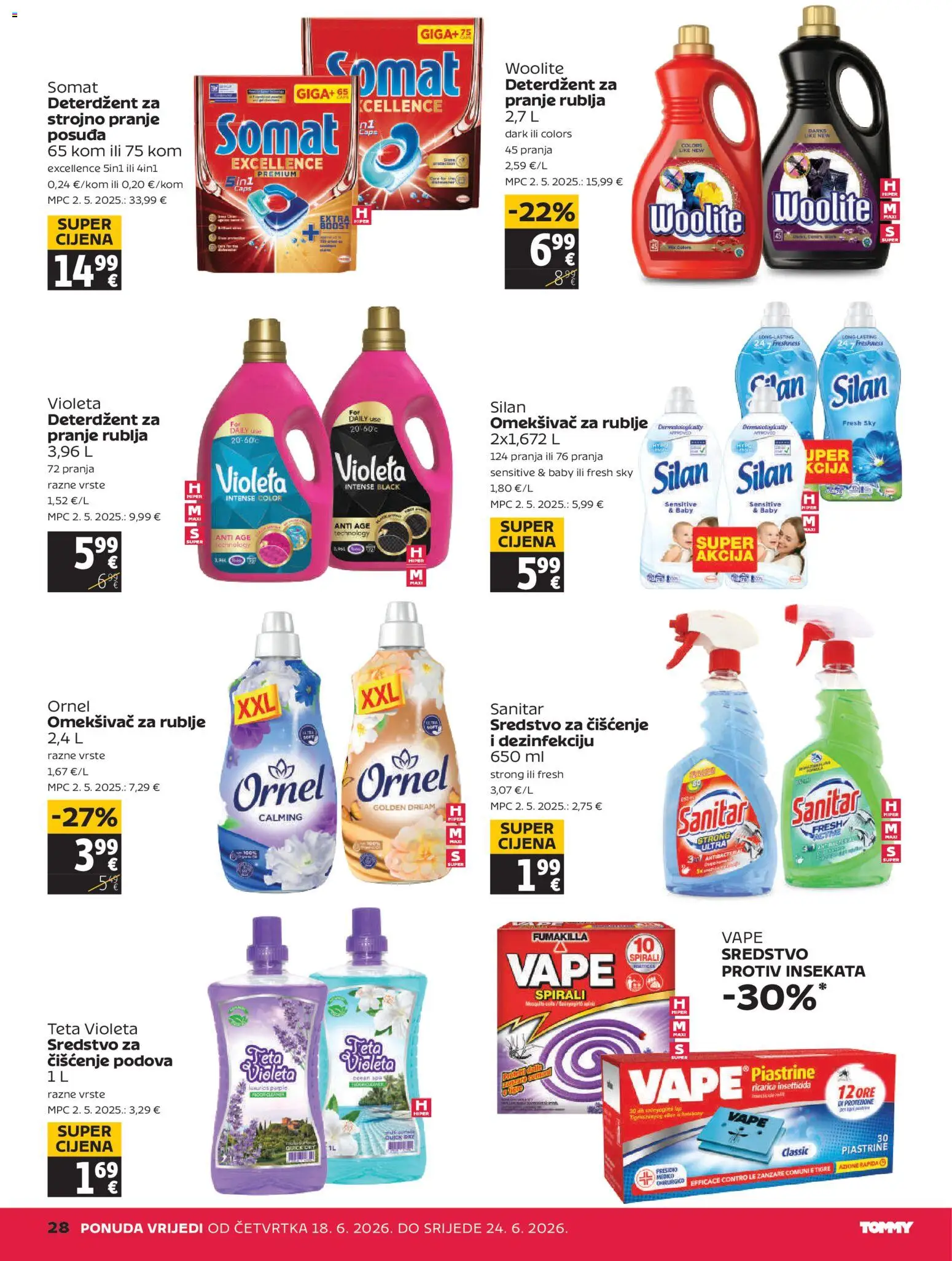 Tommy katalog | vrijedi od 18.06.2026 | Stranica: 28 | Proizvodi: Sredstvo za čišćenje podova, Omekšivač, Deterdžent, Somat