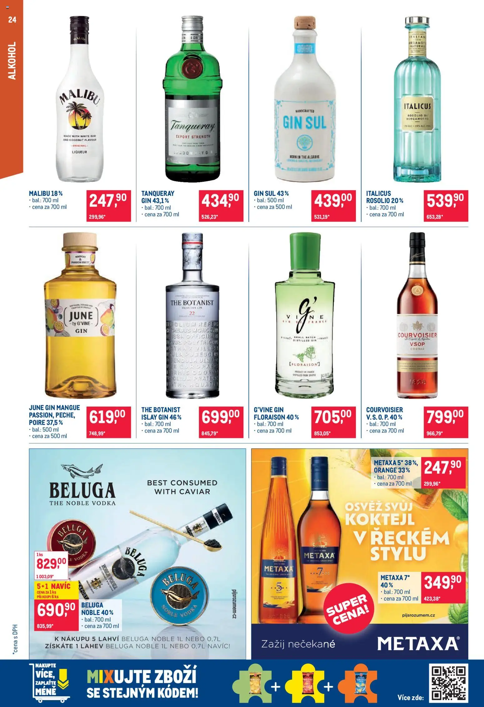 Makro leták - Pro milovníky jídla od 29.07.2026 | Strana: 24 | Produkty: Gin, Vodka, Metaxa, Láhev