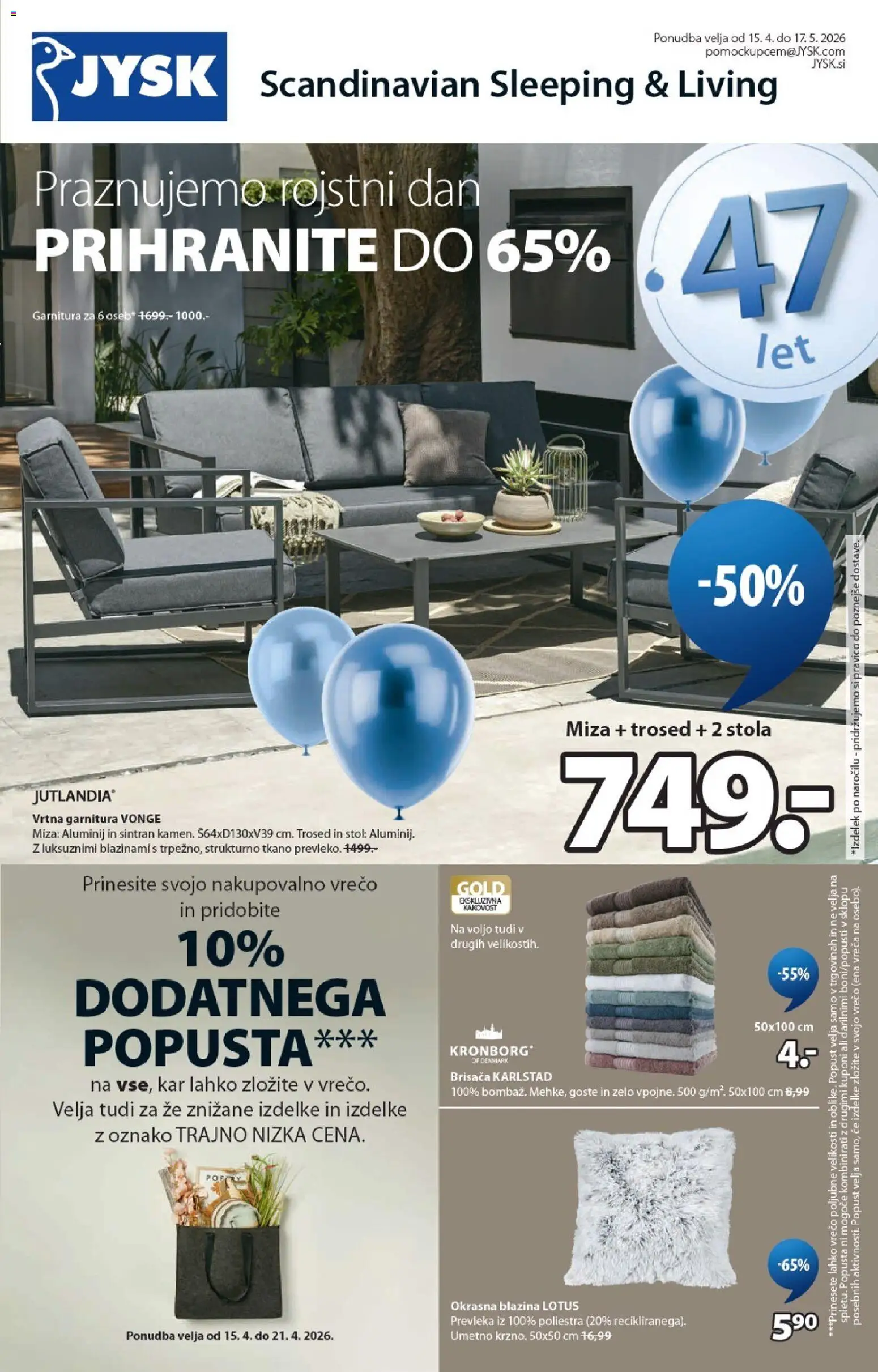 Novi JYSK katalog ponudbe – veljaven od 15.04.2026 | Stran: 1 | Izdelki: Vrtna garnitura, Brisača, Miza, Stol
