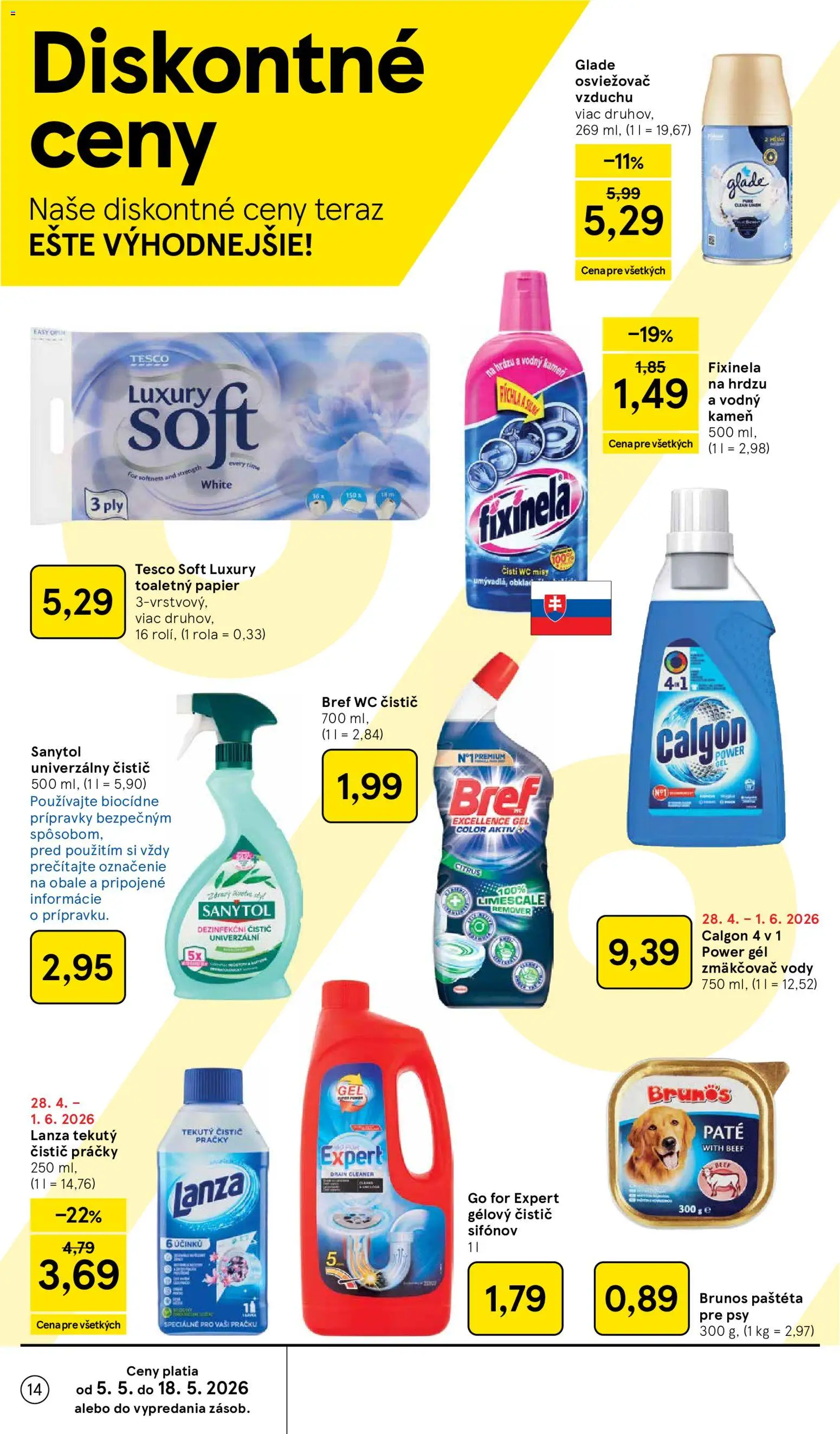 Nové Tesco akcie – leták je platný od 06.05.2026 | Strana: 14 | Produkty: Osviežovač vzduchu, Práčky, Wc