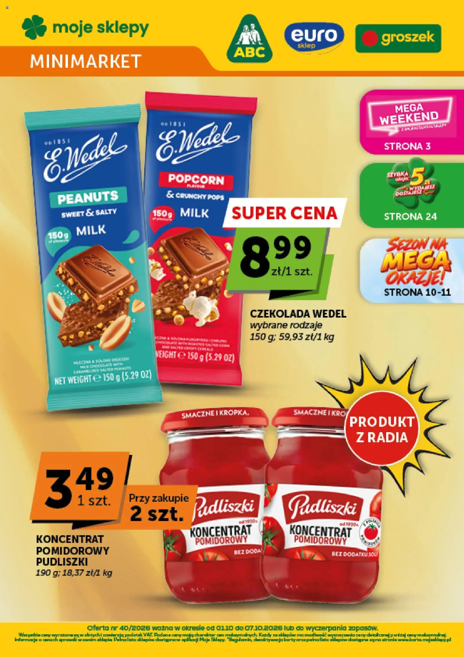 Euro Sklep gazetka - Minimarket od 01.10.2026 | Strona: 1 | Produkty: Groszek, Koncentrat pomidorowy, Popcorn, Czekolada wedel