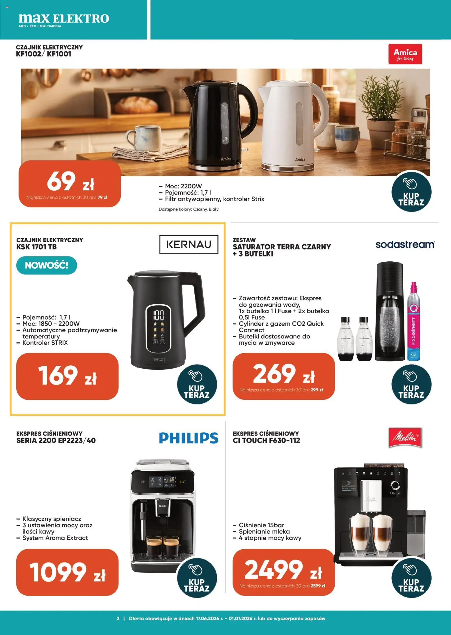 Max elektro gazetka od 17.06.2026 | Strona: 2 | Produkty: Ekspres ciśnieniowy, Czajnik, Mleka, Sodastream