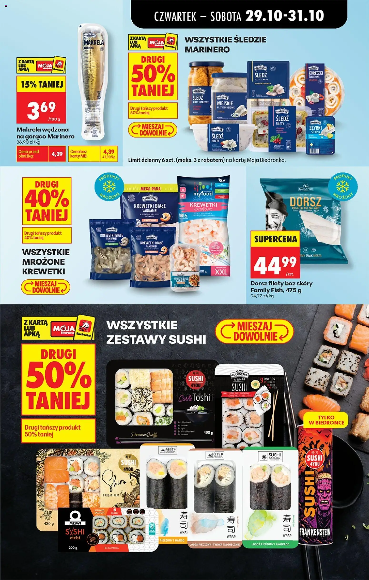 Biedronka gazetka od czwartku od 29.10.2026 | Strona: 45 | Produkty: Śledzie, Krewetki, Łosoś, Krewetki białe