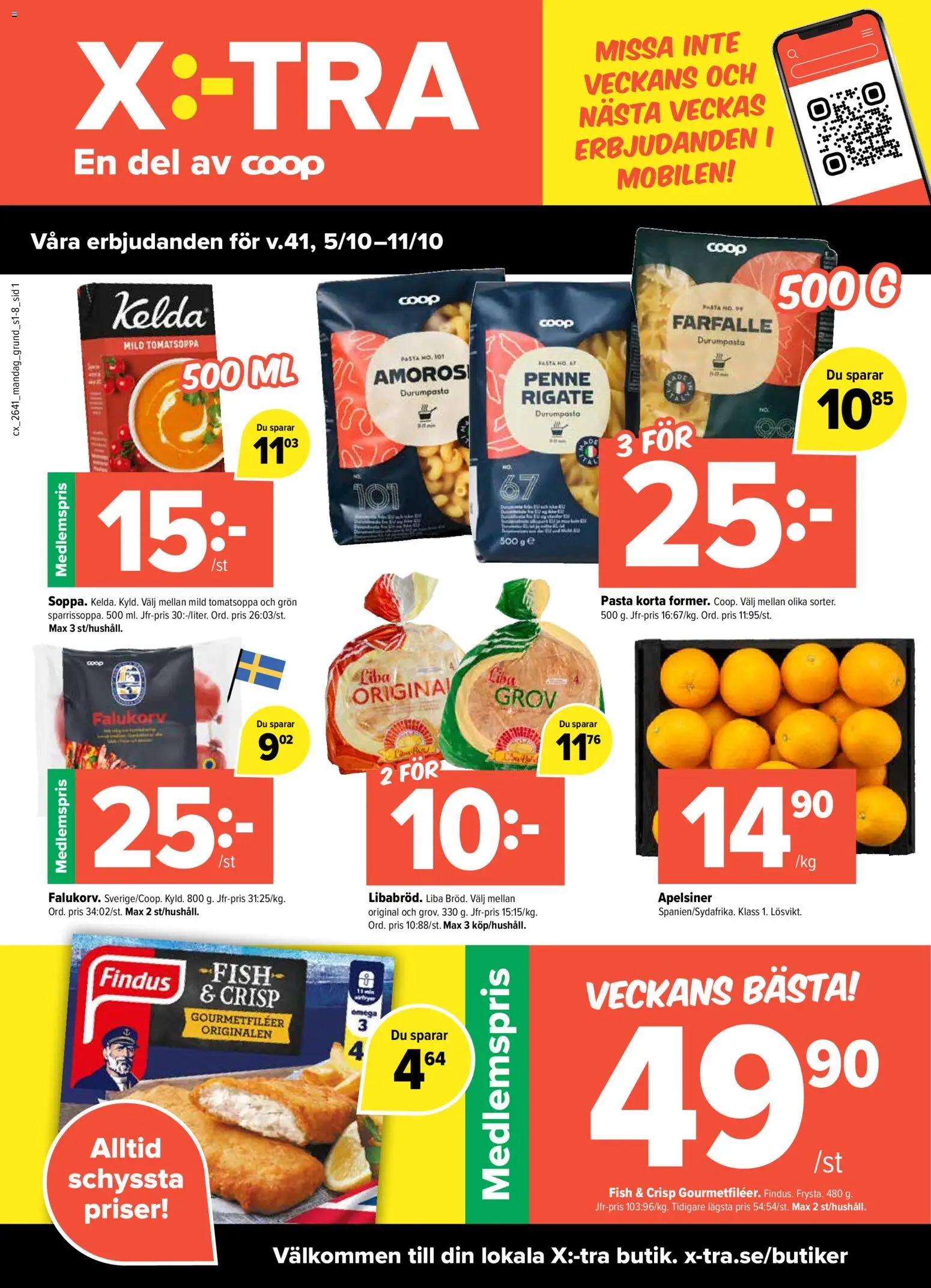 Coop X:-TRA reklamblad aktuell från 05/10/2026 | Sida: 1 | Produkter: Falukorv, Apelsiner, Pasta, Omega