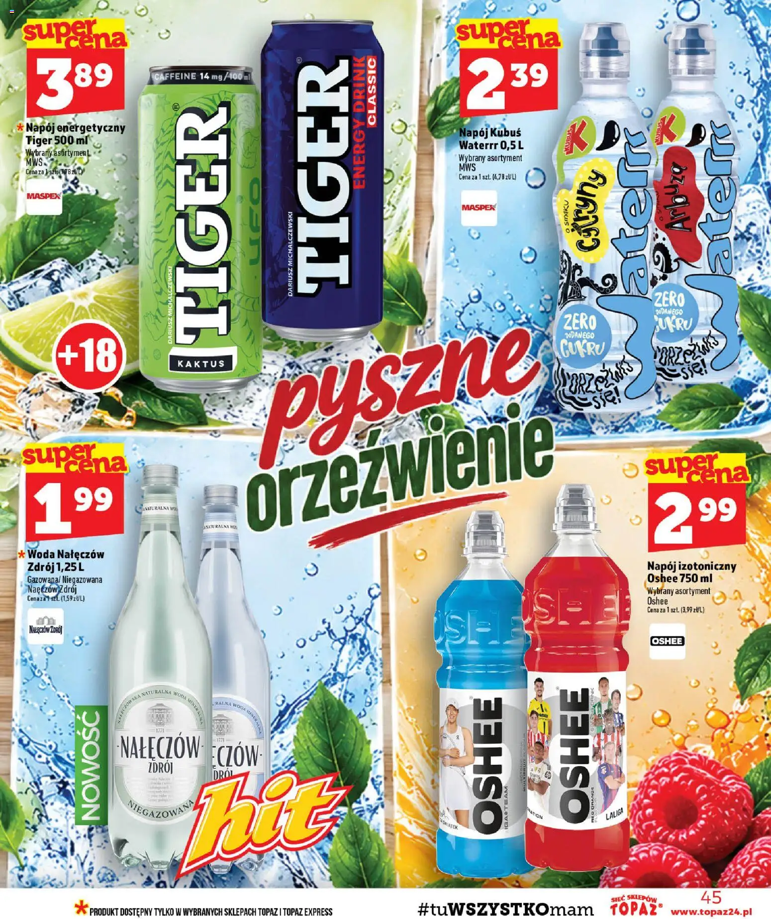 Topaz gazetka - MAZ od 22.10.2026 | Strona: 45 | Produkty: Kubuś, Napój energetyczny, Oshee, Woda