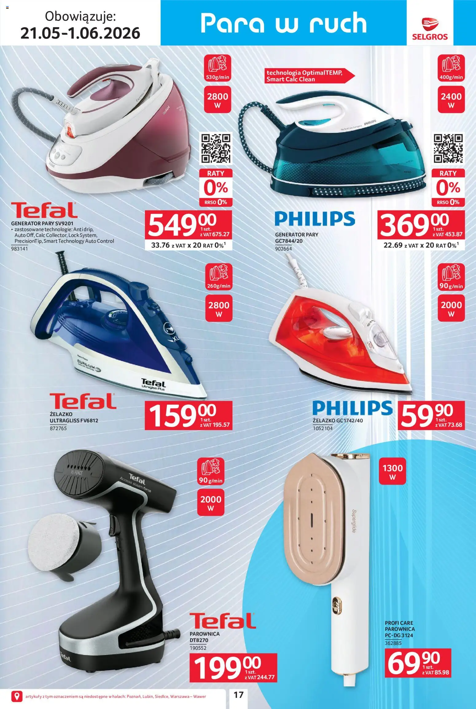 Selgros cash&carry gazetka - Sprzątanie od 21.05.2026 | Strona: 17 | Produkty: Parownica, Generator pary, Tefal