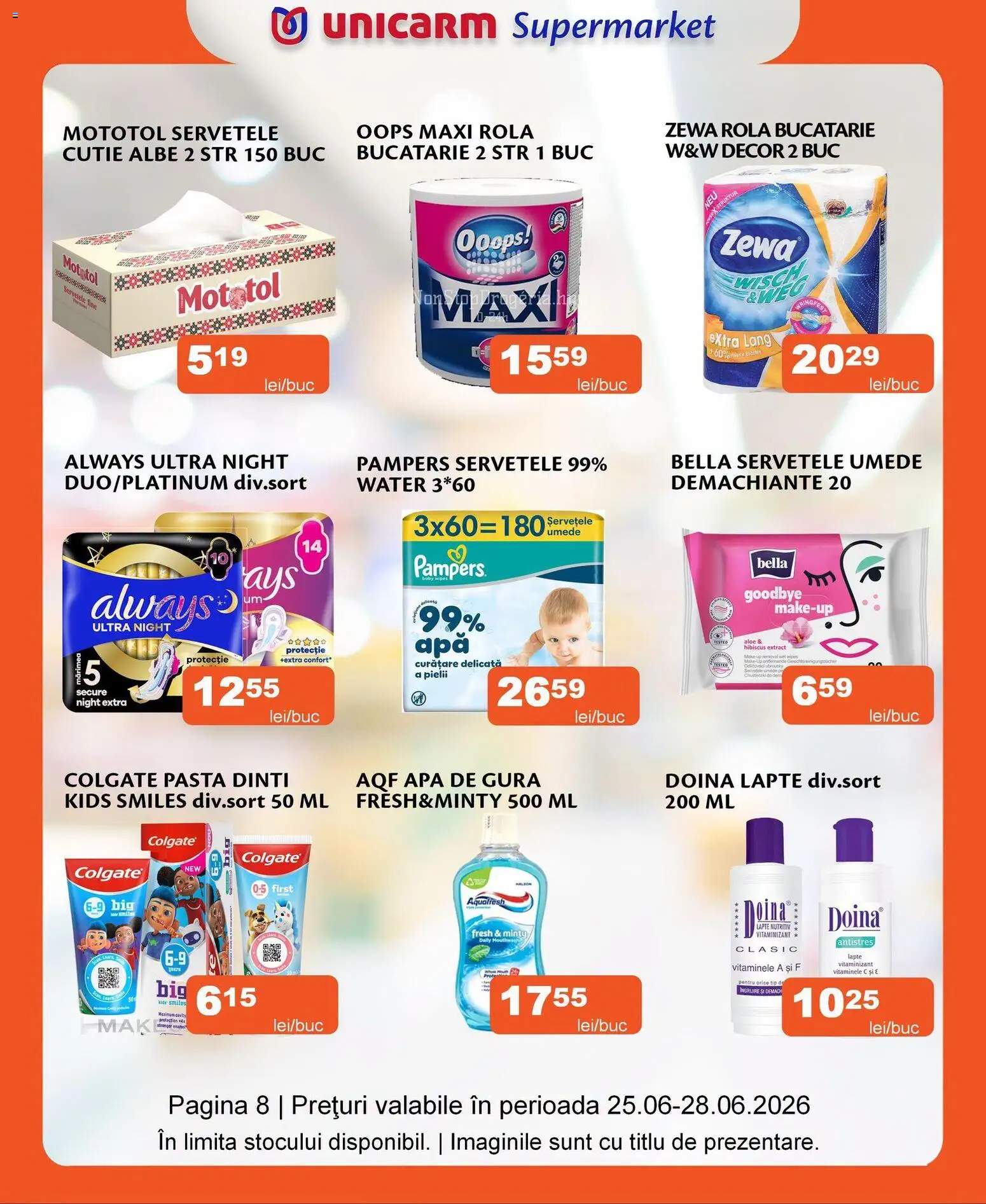 Noul catalog Unicarm – valabil de la 25.06.2026 | Pagină: 8 | Produse: Lapte, Apă de gură, Șervețele umede, Apă